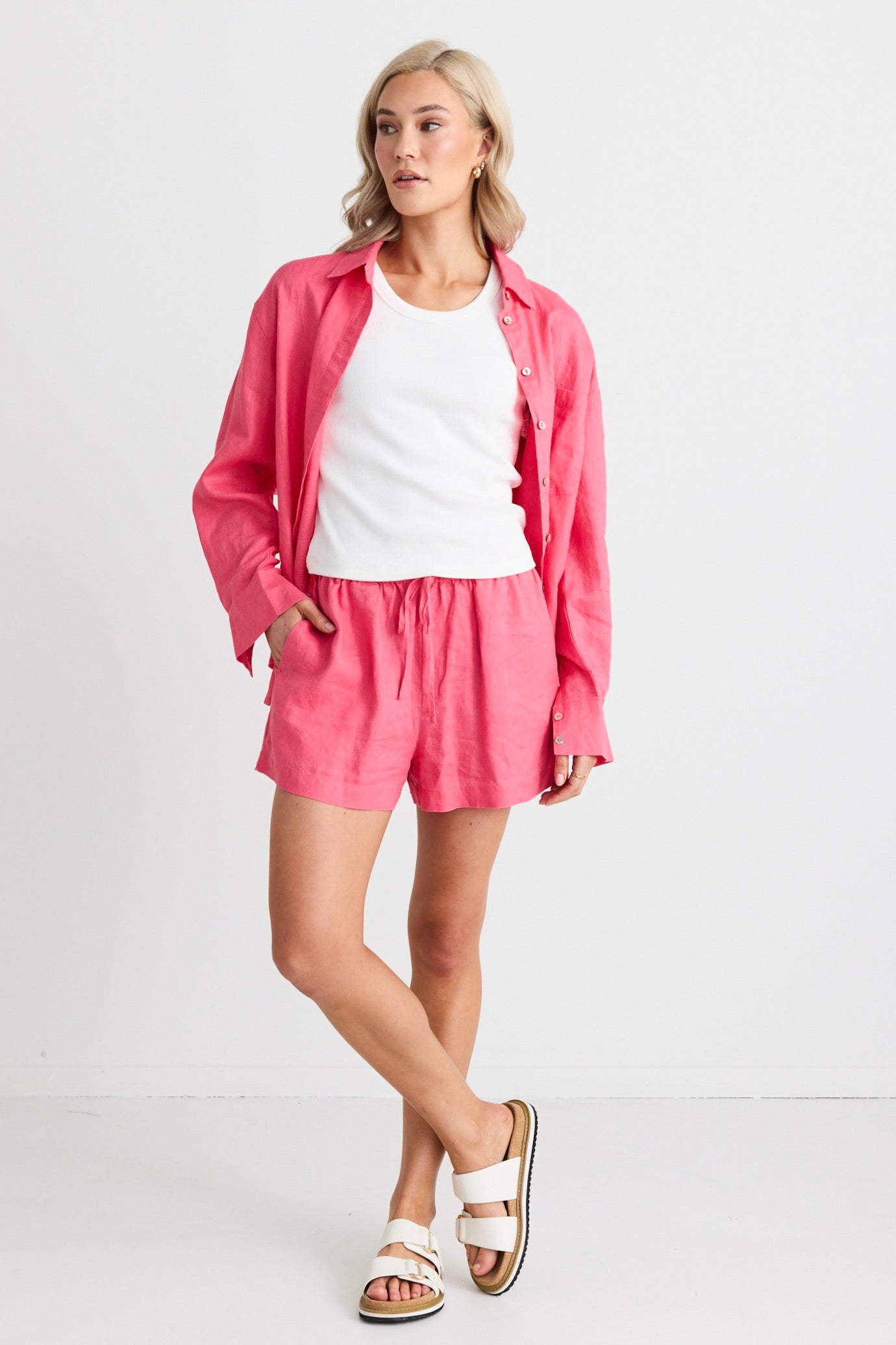 Drift Fuchsia Linen Pull On Shorts for Women - Comfortable Elastic Waist Summer Casual Shorts | Perfect for Beach, Vacation & Lounge Wear