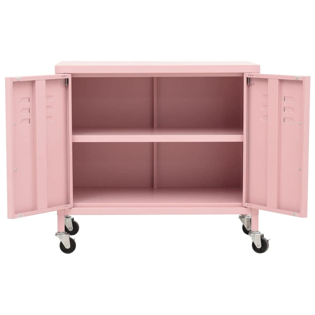 Pink Steel Storage Cabinet with Double Doors & Wheels - 23.6