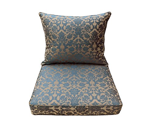 BOSSIMA Indoor Outdoor Deep Seat Chair Cushion Set - Spring Summer Seasonal Replacement Cushions in Blue Brown Damask Pattern - Perfect for Patio, Deck, Garden, and Living Room Furniture