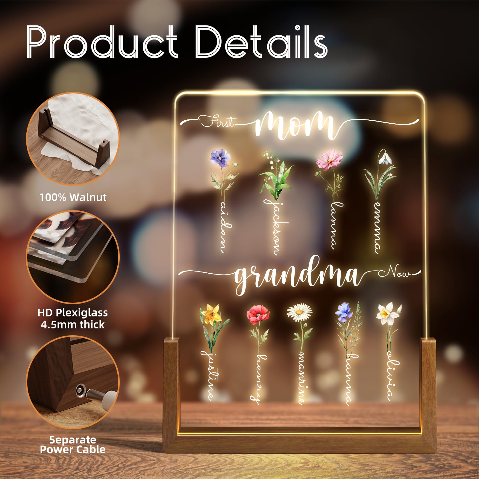Personalized Mother's Day Gifts for Mom & Grandma - Custom Birth Month Flower with Names - Unique Gift Ideas from Kids & Grandkids - Perfect for Birthday, Anniversary & Special Occasions
