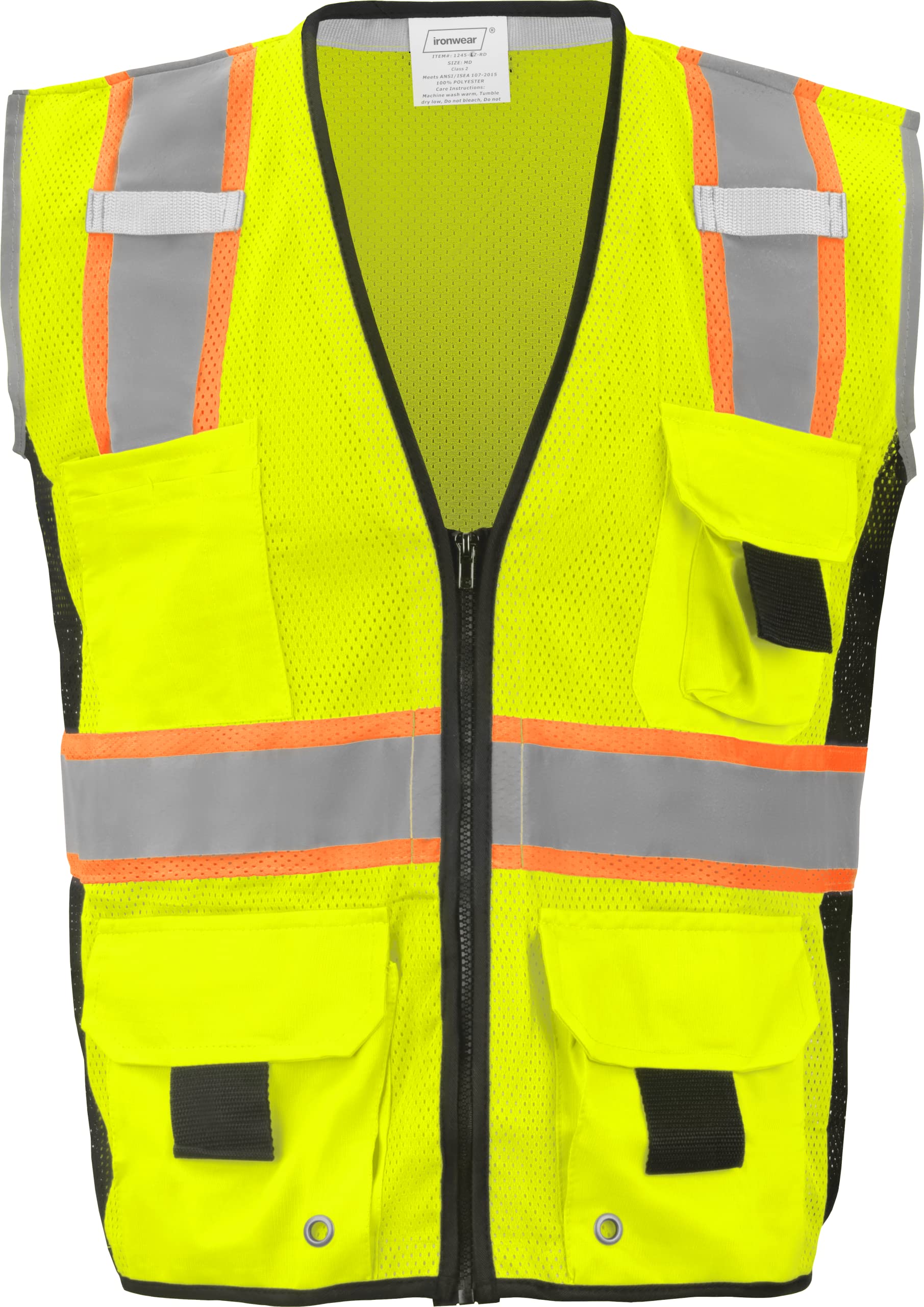 Ironwear 1245 Class 2 Safety Vest with Zipper, Radio Tabs & Pocket Grommets - High Visibility Work Vest for Construction, Road Crews & Emergency Responders
