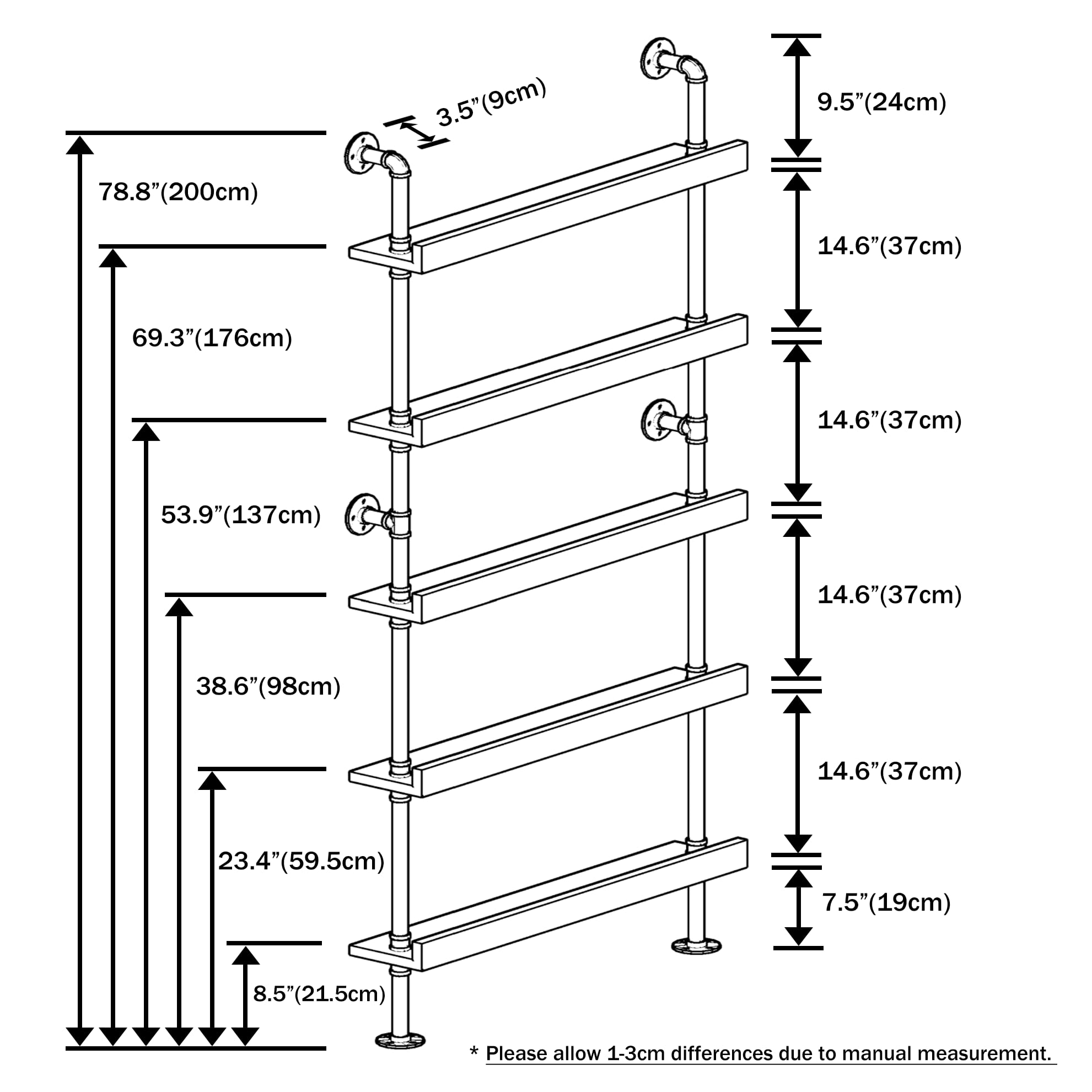 5-Tier Wall Mounted Wine Rack - Industrial Pipe Bar Shelf for Wine Bottle Storage, Rustic Brown Finish, 36.2x6.7x78.8 Inches - Perfect for Home Bar, Kitchen, Dining Room & Wine Cellar Organization