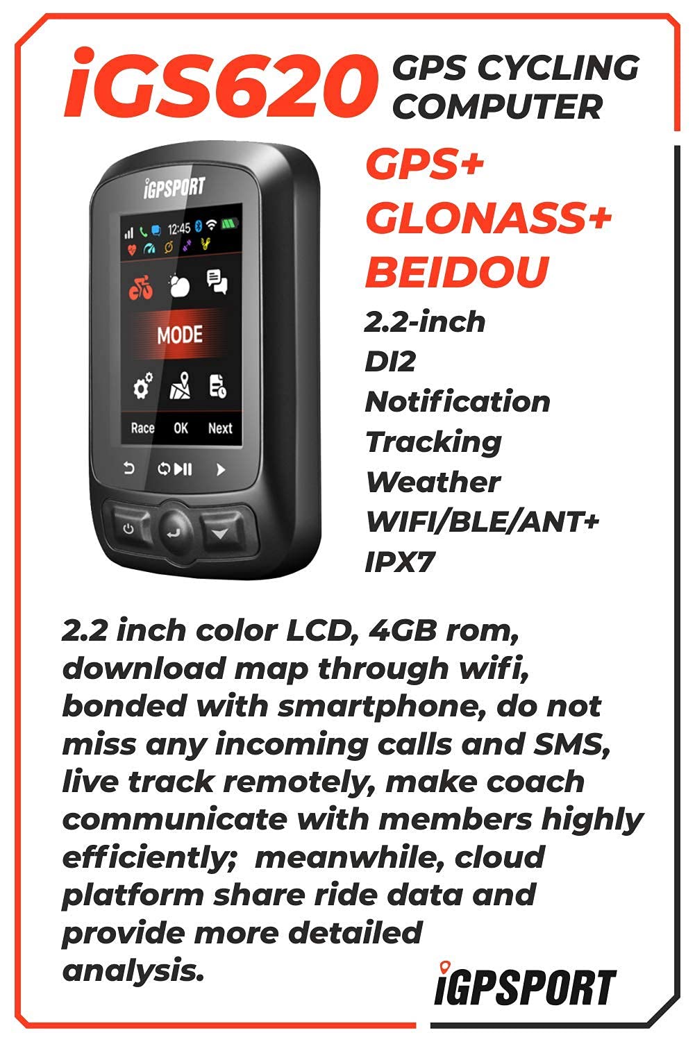 iGPSPORT iGS620 GPS Wireless Bike Computer with Bluetooth, ANT+, SMS & Call Alerts - Waterproof Cycling Computer with Map Navigation & Multi-Tool Bundle - Perfect for Road Biking, Mountain Cycling & Outdoor Adventures