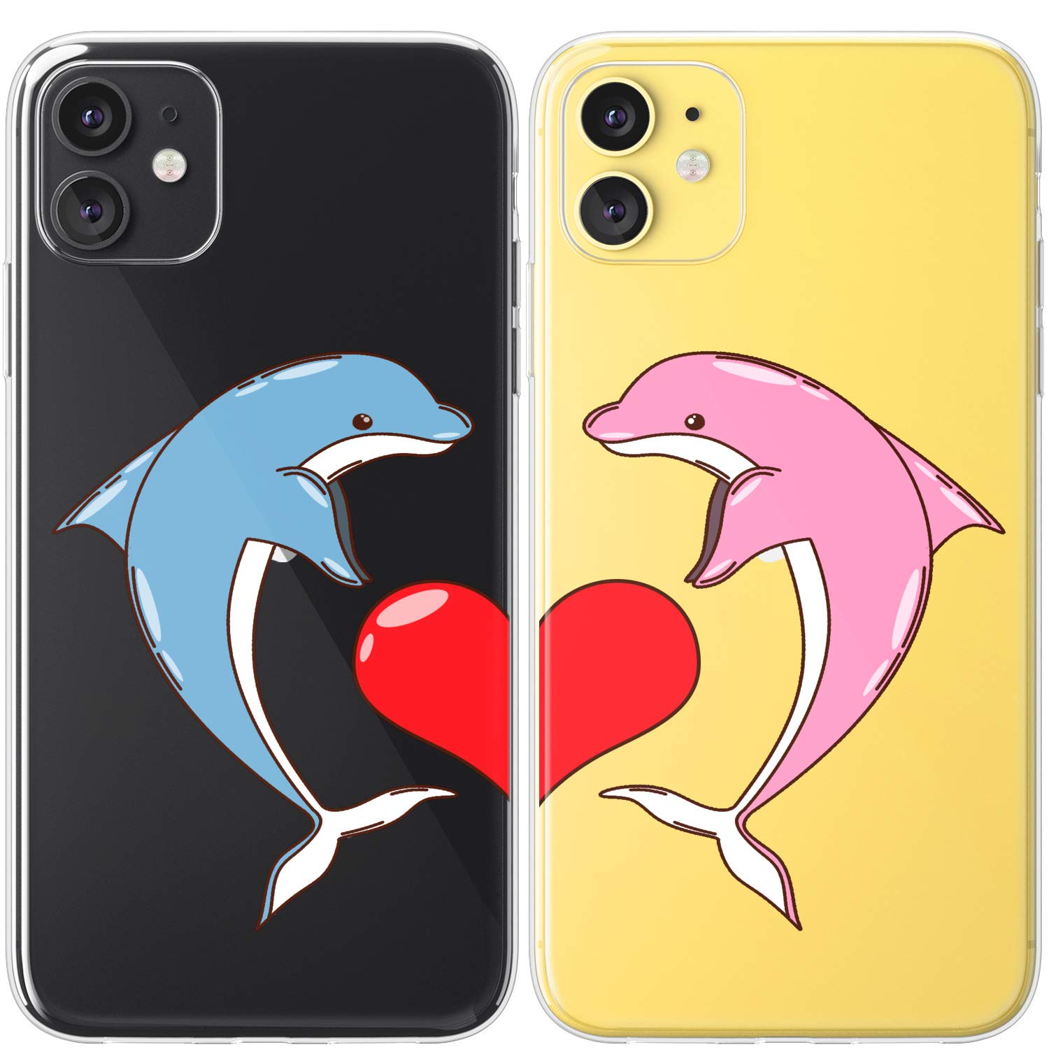 Cute Dolphin Couple BFF Phone Case Compatible with iPhone 15 Pro Max/14 Plus/13/12 Mini/11/SE/XS/XR/8/7 - Protective Kawaii Cartoon Cover for Best Friends Anniversary Gift - Perfect for Daily Use, Travel & Matching with Your Bestie