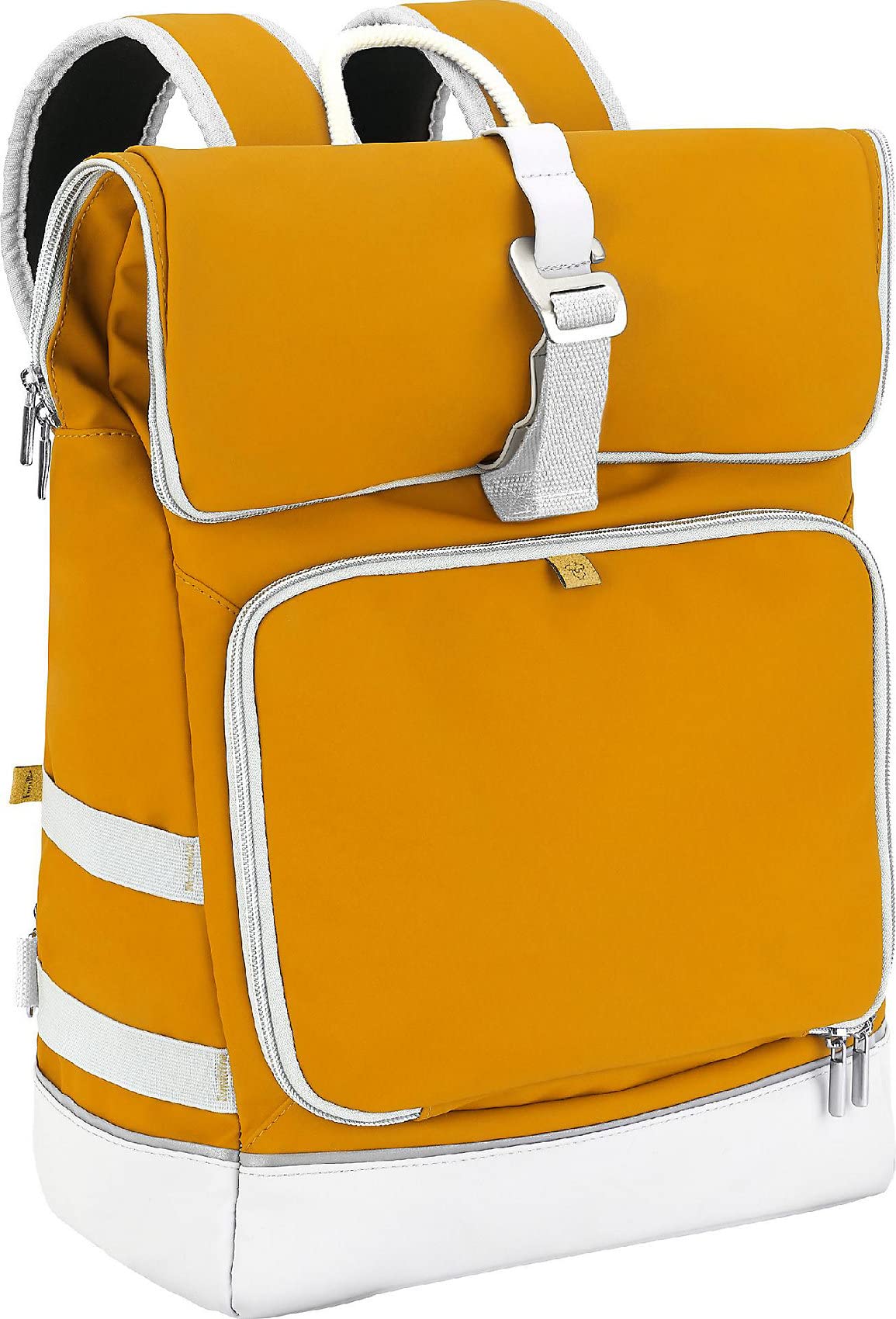 Babymoov Sancy Unisex Diaper Backpack - Waterproof Roll-Top Closure, Large Insulated Pocket, Changing Pad & Organizer (Saffron Yellow) | Perfect for Baby Essentials, Travel, Daycare & On-The-Go Parents