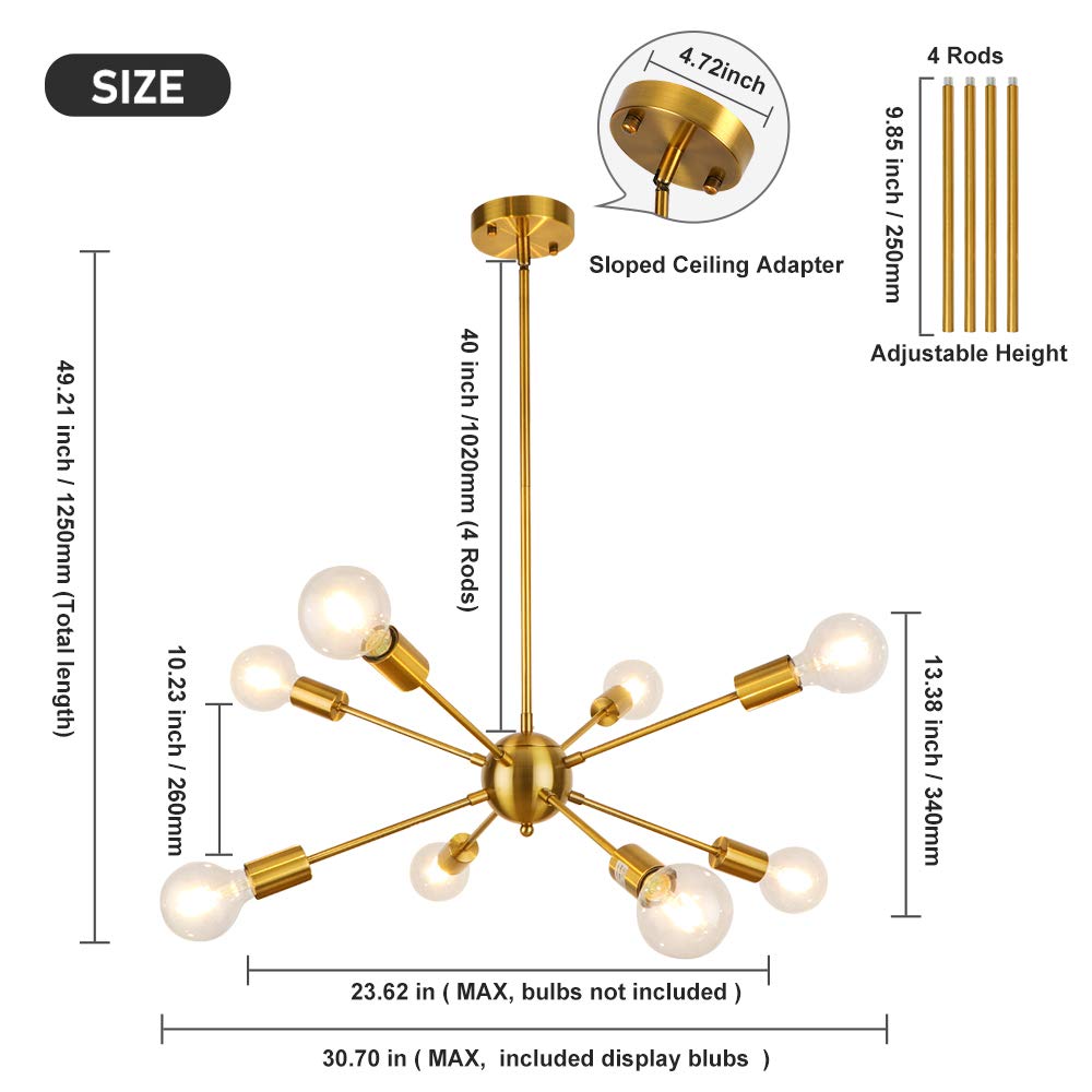 LynPon Gold Sputnik Chandelier - 8 Light Modern Brass Ceiling Fixture for Dining Room, Kitchen, Living Room, Bedroom & Entryway | Elegant Golden Plated Lighting for Home Decor & Interior Design