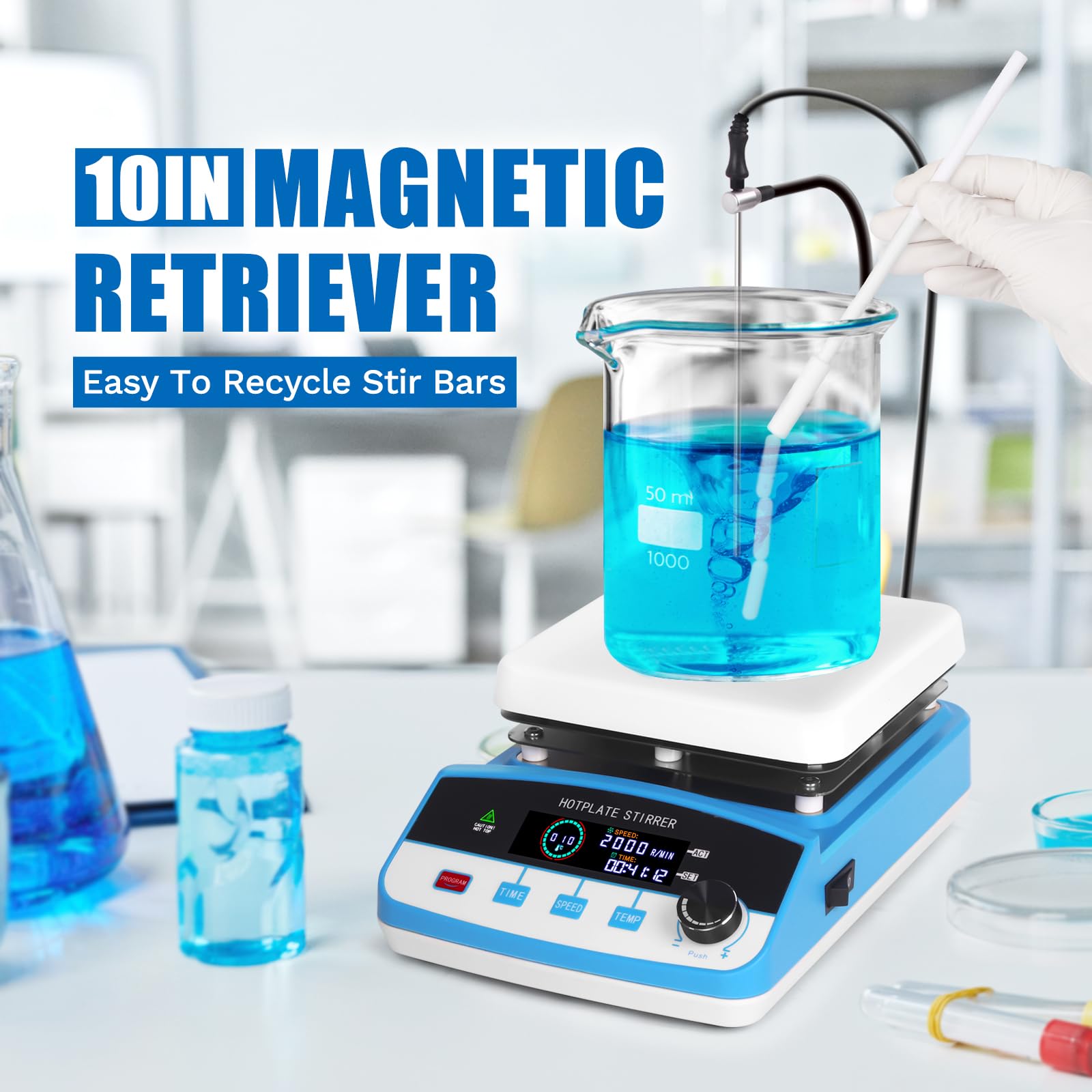 6L Magnetic Stirrer Hot Plate with Digital Display - 520℉/300℃ Max Temperature, 100-2000 RPM, Includes Temp Probe & Stir Bars - Perfect for Chemistry Labs, Scientific Research & Industrial Mixing