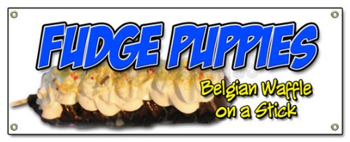 Fudge Puppies Banner Sign - Belgian Waffle Puppy Sign for Bakery & Cafe Decor | Perfect for Dessert Shops, Ice Cream Parlors, and Sweet Treat Displays
