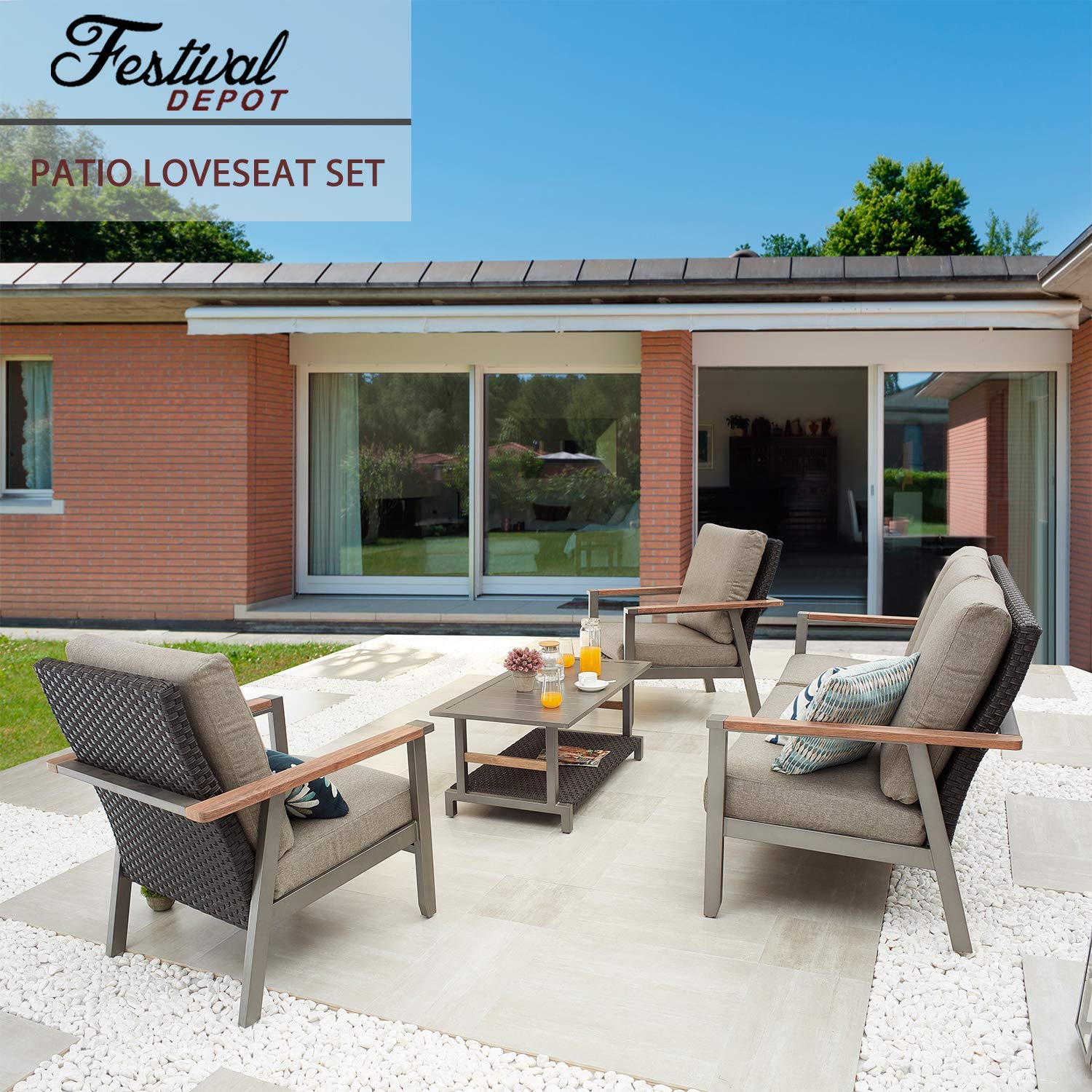 Festival Depot 4-Piece Outdoor Patio Conversation Set - Wicker Rattan Loveseat & Chairs with Thick Cushions + Metal Frame Coffee Table - Grey Garden Furniture for Deck, Backyard & Poolside Relaxation