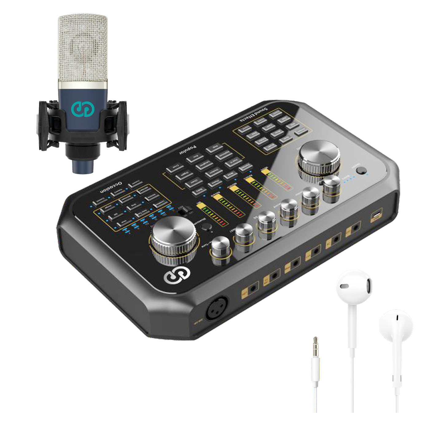 ST60PRO & T241PRO Professional Microphone with H27A Wireless Earbuds - Portable Live Streaming Sound Card Kit for Gaming, Podcasting & Karaoke