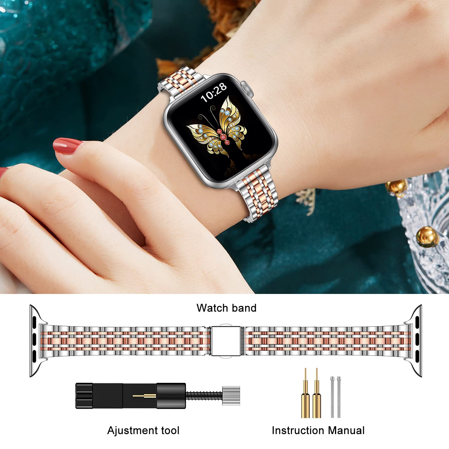Slim Metal Band Compatible with Apple Watch Series 10/9/8/7/6/5/4/3/2/1/SE/Ultra 2 - 49mm 46mm 45mm 44mm 42mm Stainless Steel Strap for Women & Men - Silver & Rose Gold Options | Perfect for Workouts, Office Wear & Everyday Fashion Accessory