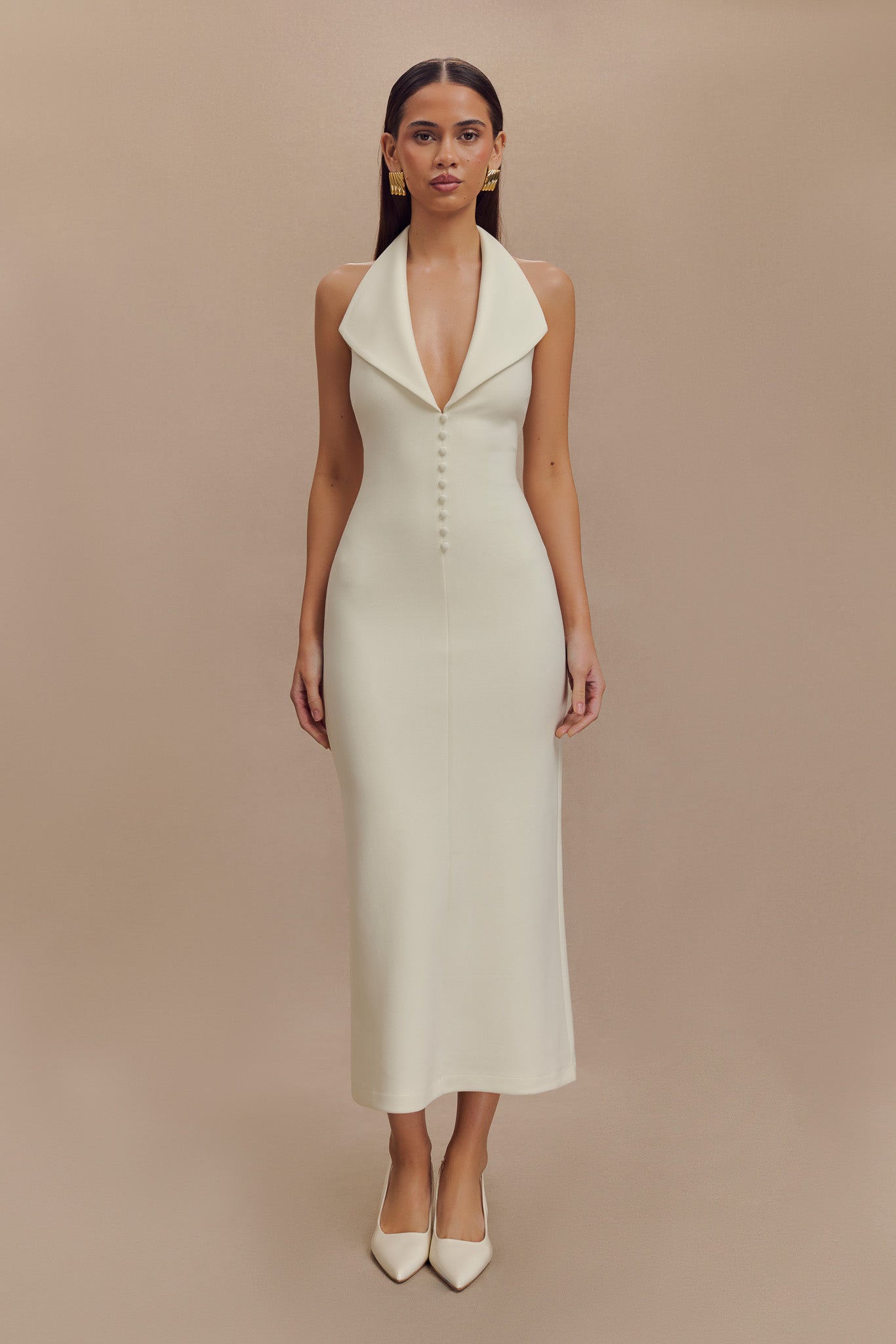 Annita Women's Halter Midi Dress - Elegant Crepe Fabric, Ivory Color - Perfect for Summer Weddings, Beach Vacations & Date Nights
