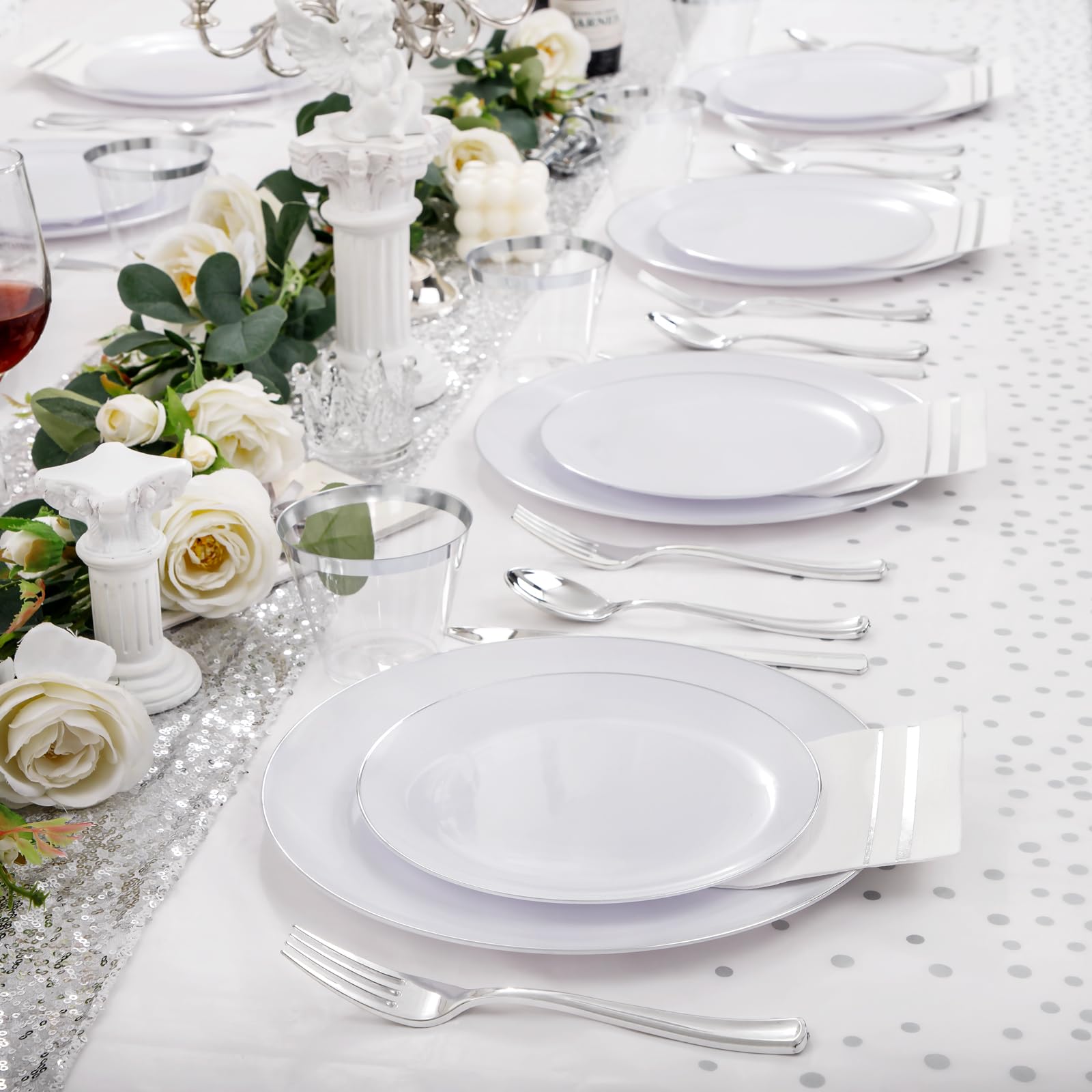 176-Piece Silver Plastic Christmas Party Set - 25 Dinner Plates, 25 Dessert Plates, 25 Cups, 25 Cutlery, 25 Napkins & 1 Tablecloth for Holiday Celebrations, Weddings & New Year Parties - Perfect for Christmas Dinner, Birthday Events & Family Gatherings