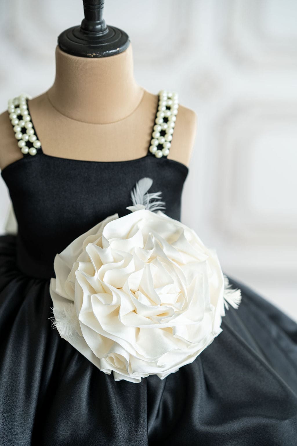 Elegant Black Satin Dress with Pearl Straps - Perfect for Evening Parties, Weddings & Special Occasions