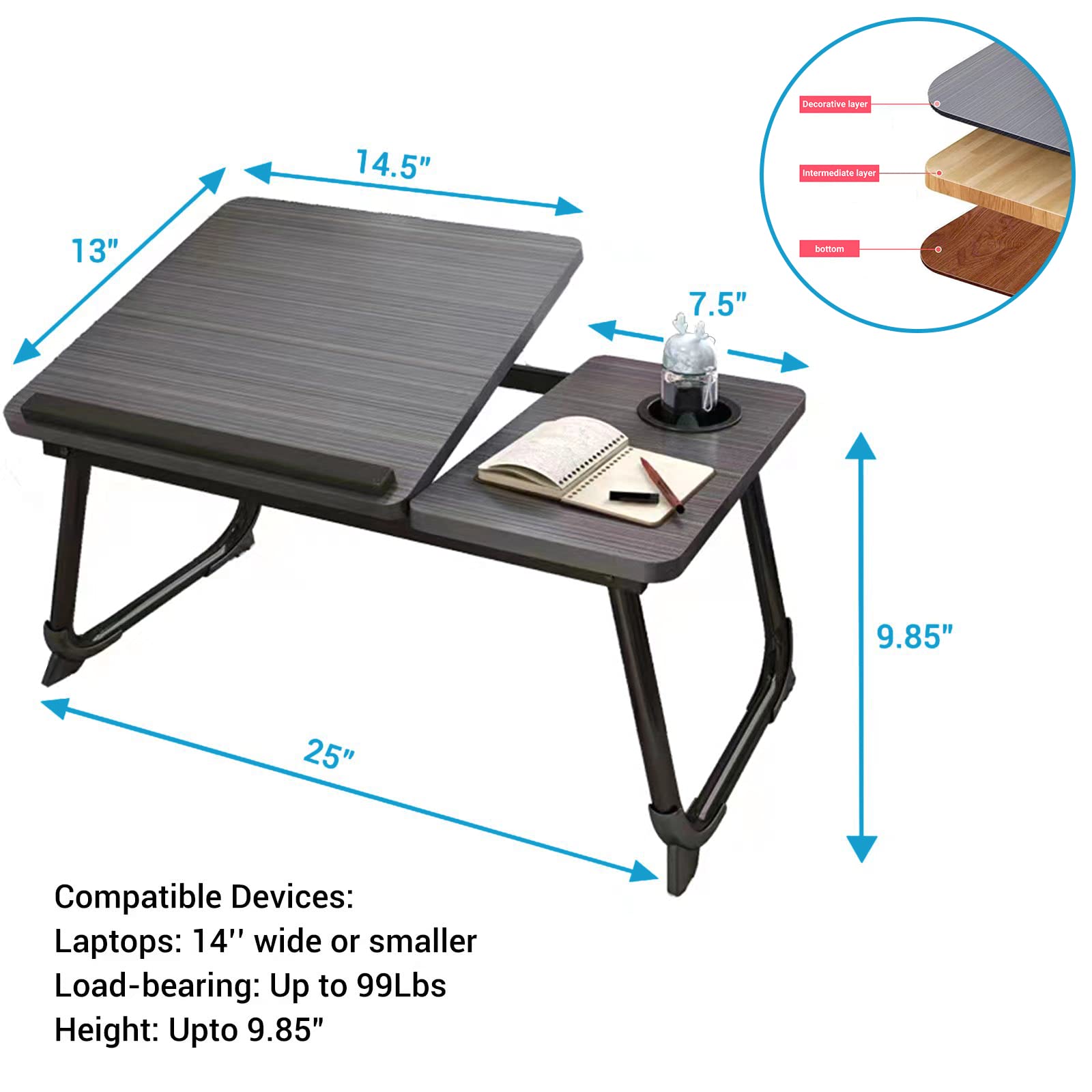Laptop Desk for Bed & Couch - Adjustable Lap Desk with Cup Holder, Foldable Legs, Home Office & Breakfast Tray, Ideal for Working, Watching Movies, and Reading in Bed (Black)