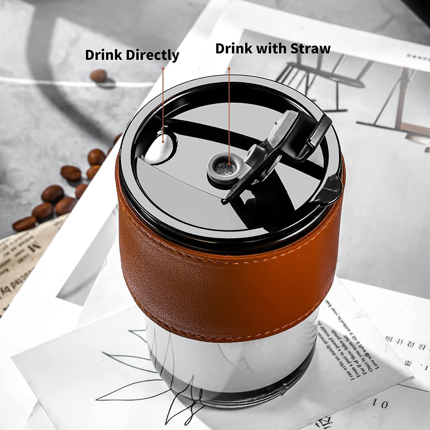 VRUTA Insulated Leather Grip Coffee Tumbler with Lid & Silicone Straw - 16oz Double Wall Glass Travel Mug for Hot/Cold Drinks - Perfect for Coffee, Tea, Juice - Office, Commute, Camping, Gift (1 Pack)