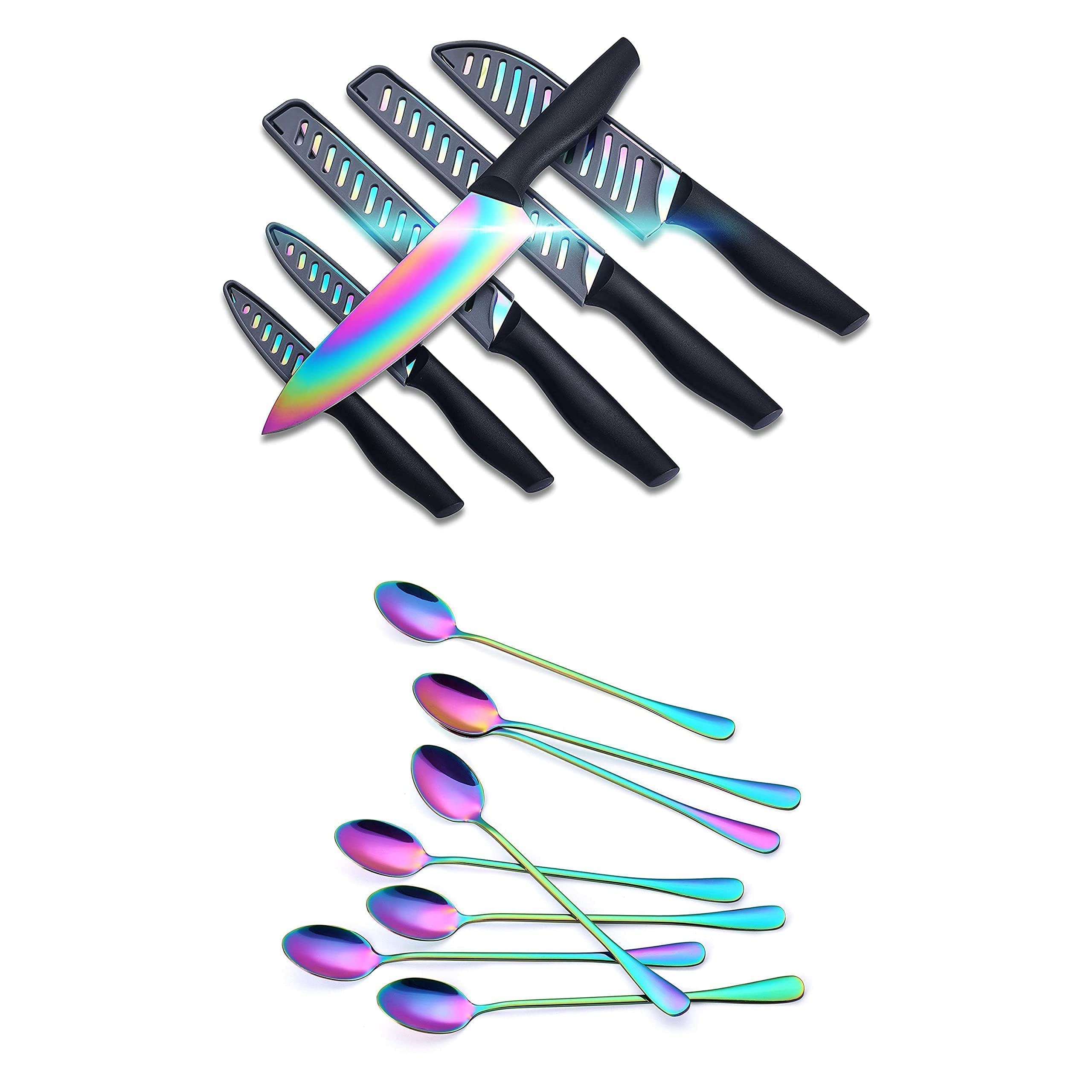KYA36 Rainbow Titanium 12-Piece Stainless Steel Kitchen Knives Set with Sheath & Long Handle Spoons - Professional Chef Knife Set for Cooking, Slicing, Dicing - Perfect for Home Kitchen, Restaurant, Camping