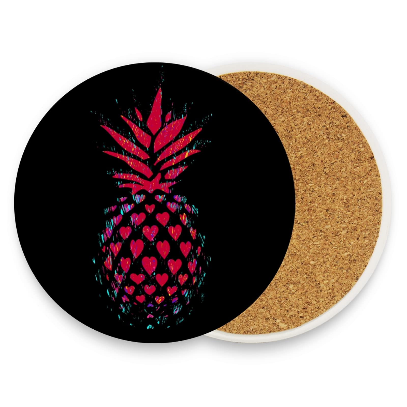 2 Pack Red Pineapple Ceramic Drink Coasters with Cork Back - Non-Slip Cup Mug Coasters for Wood Tables, Kitchen, Dining Room & Office Decor