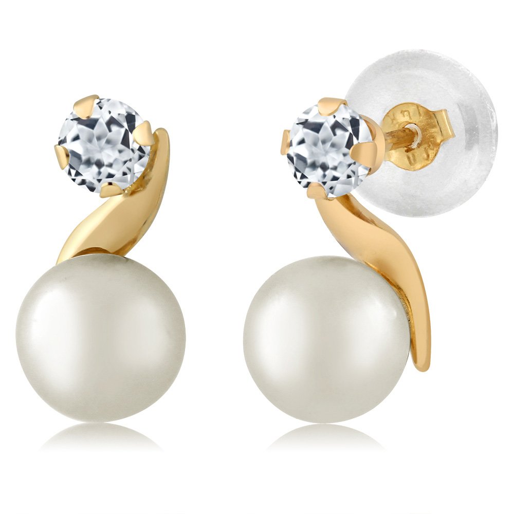 14K Yellow Gold 5MM Cultured Freshwater Pearl & 3MM Round Birthstone Earrings for Women | Elegant Jewelry Gift for Birthday, Anniversary & Special Occasions