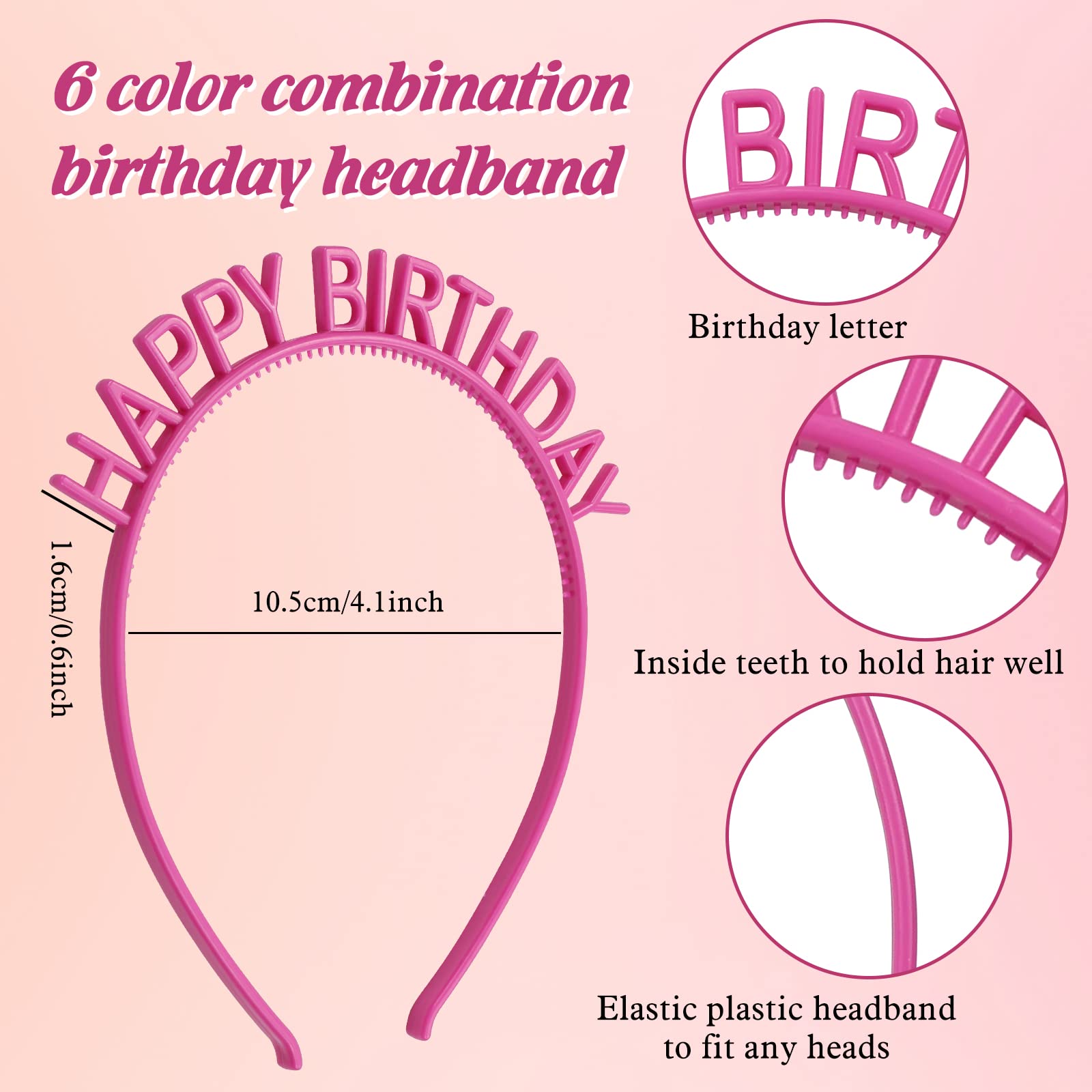 12 Pack Colorful Birthday Headbands with Teeth - 6 Pairs Plastic Hair Hoops for Toddlers, Kids, Teens & Women - Fun Party Hair Accessories & Crowns for Birthday Celebrations, Photo Booths & Costume Parties