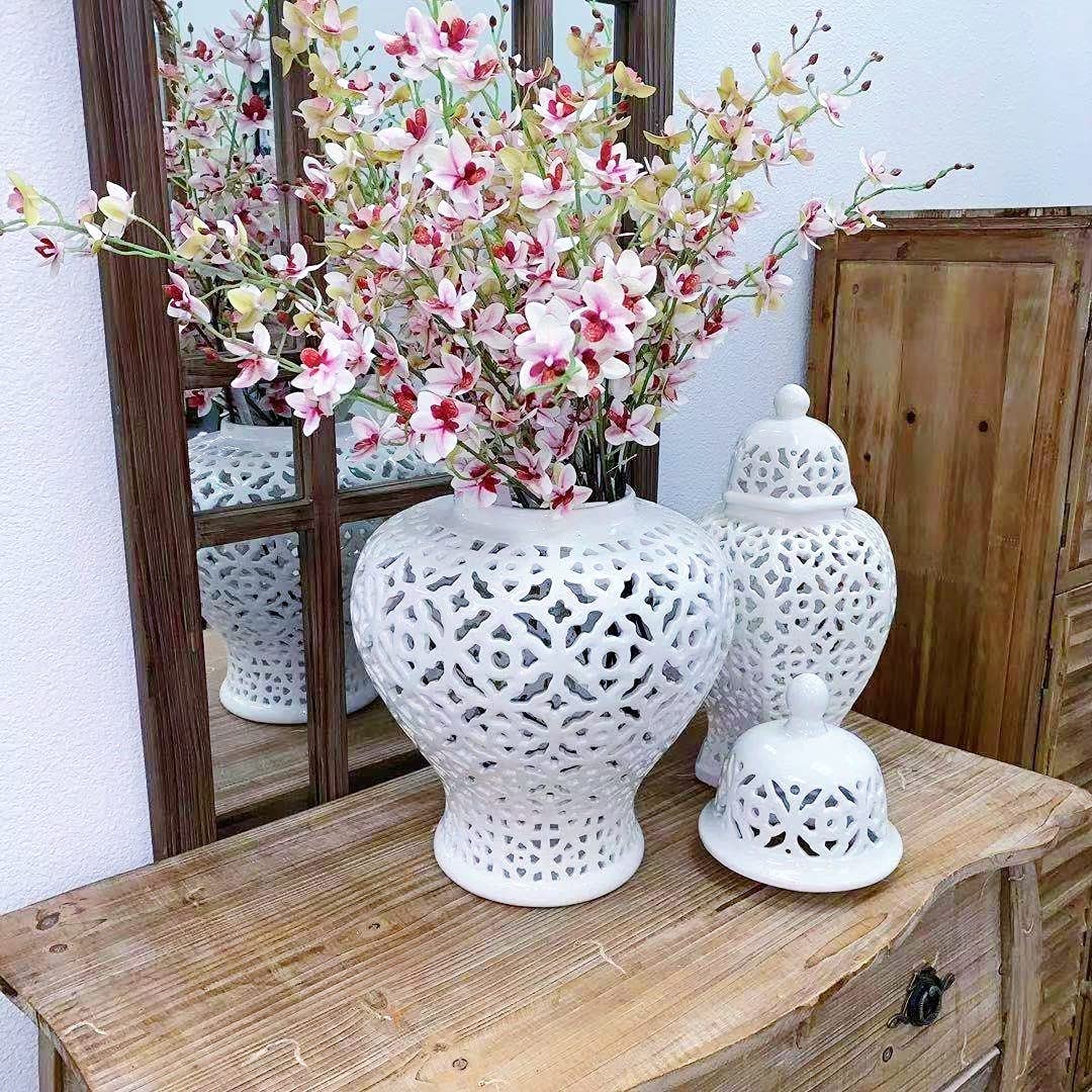 Galt International 19.5” White Lattice Ginger Jar with Lid - Mediterranean Inspired Decorative Vase - Handcrafted Home Decor for Living Room, Kitchen, Dining Table & Entryway - Perfect for Floral Arrangements & Stylish Interior Design