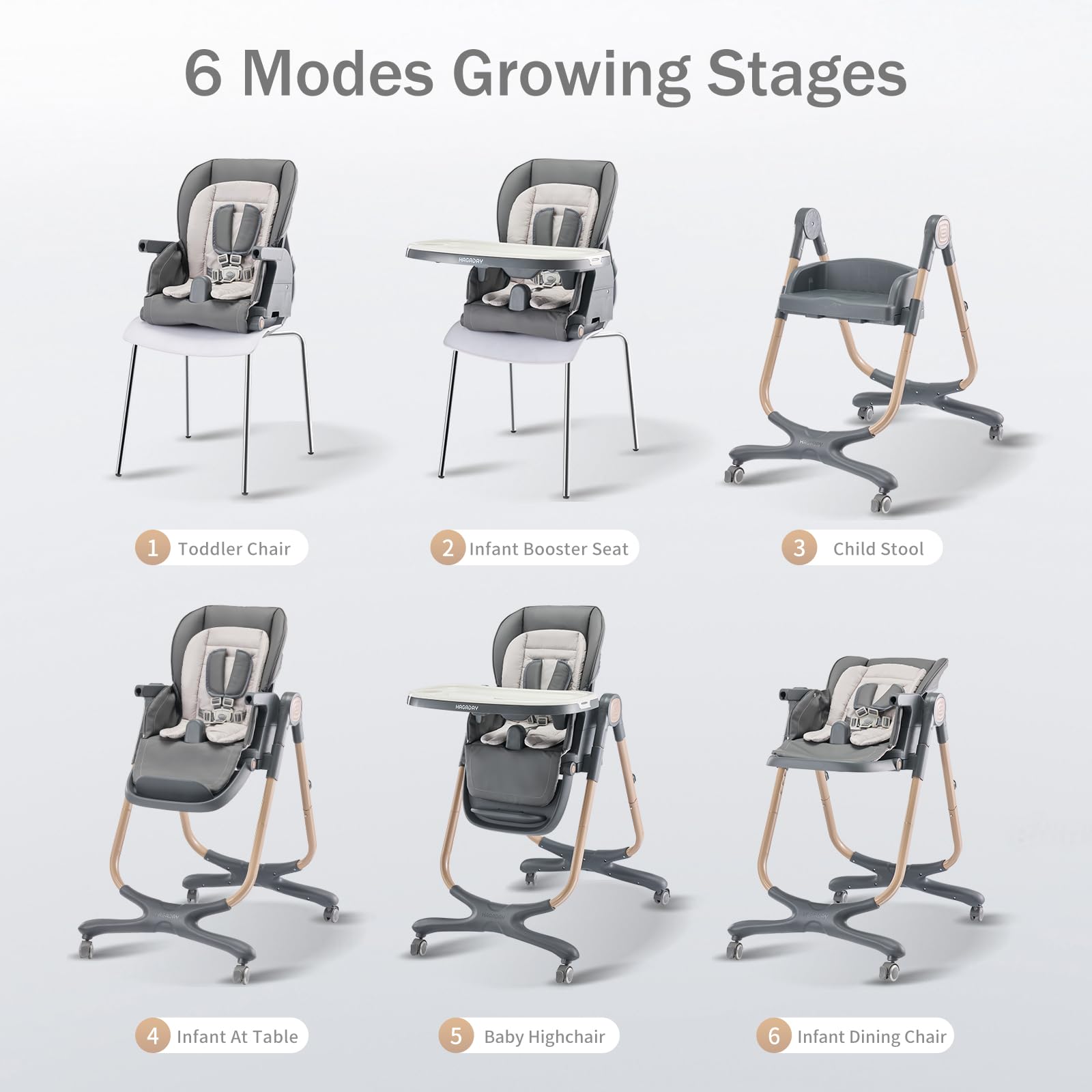 6 in 1 Convertible Baby High Chair with Tray - Foldable Toddler Booster Seat for Dining Table, Portable Feeding Chair with 4 Wheels & Dishwasher Safe Tray (Gold-Grey) - Perfect for Home, Restaurant & Travel Use