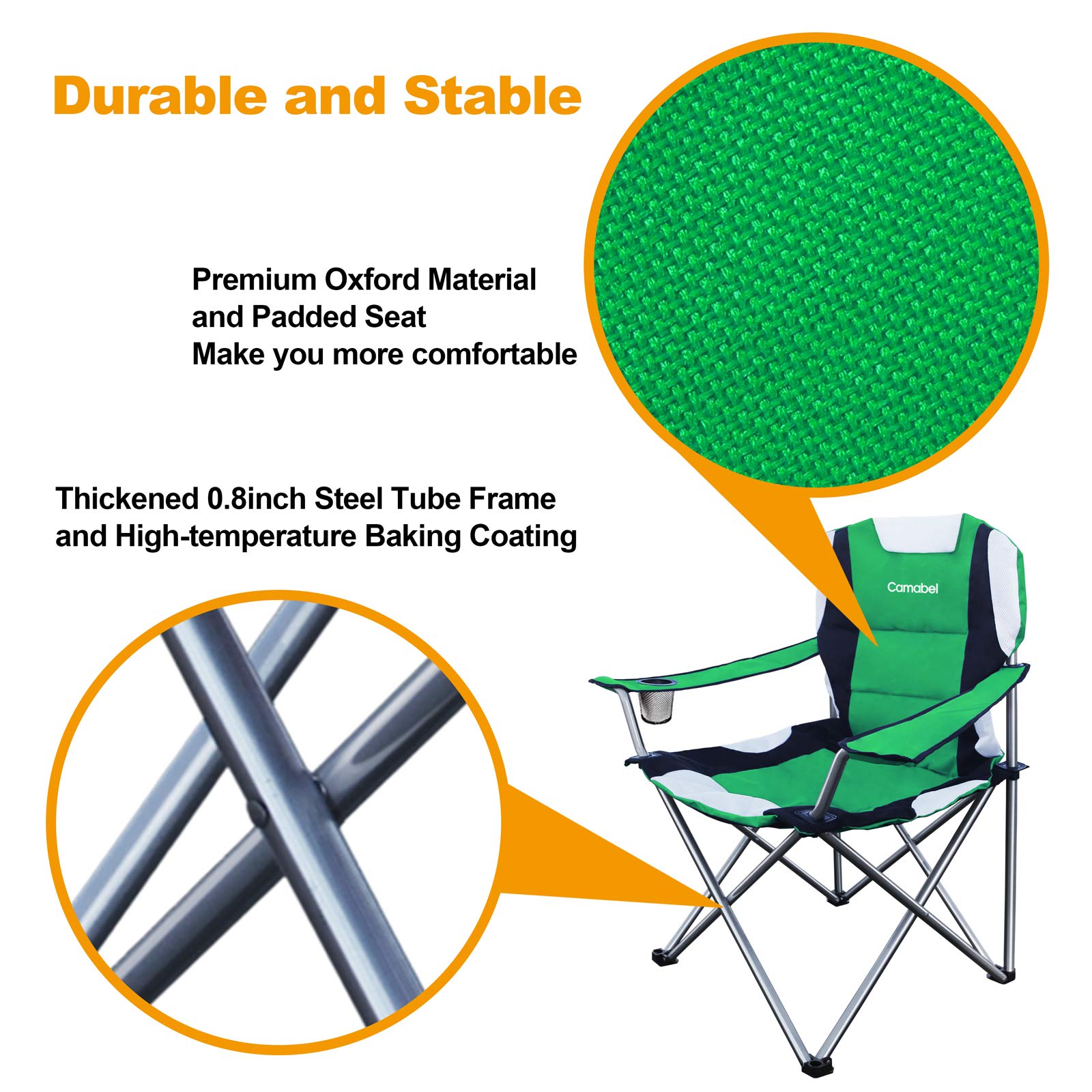 Camabel Heavy Duty Folding Camping Chair - 400lbs Capacity, Extra Large Padded Outdoor Lawn Chair for Beach, Hiking, Fishing, BBQ & Sports Events - Lightweight Portable with Storage Bag & Cup Holder (Green) - Perfect for Backyard, Picnics, Tailgating & Camping
