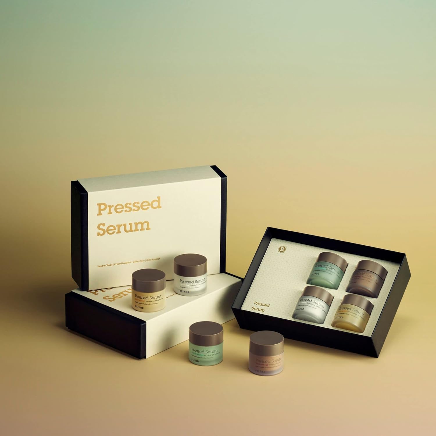 Blithe Pressed Serum Deluxe Collection - Hypoallergenic Korean Face Moisturizer with Chaga, Iceplant, Yam & Apricot - 4pc Box Set (0.74 Fl Oz Each) for Dry, Sensitive Skin - Day & Night Hydration for All Seasons