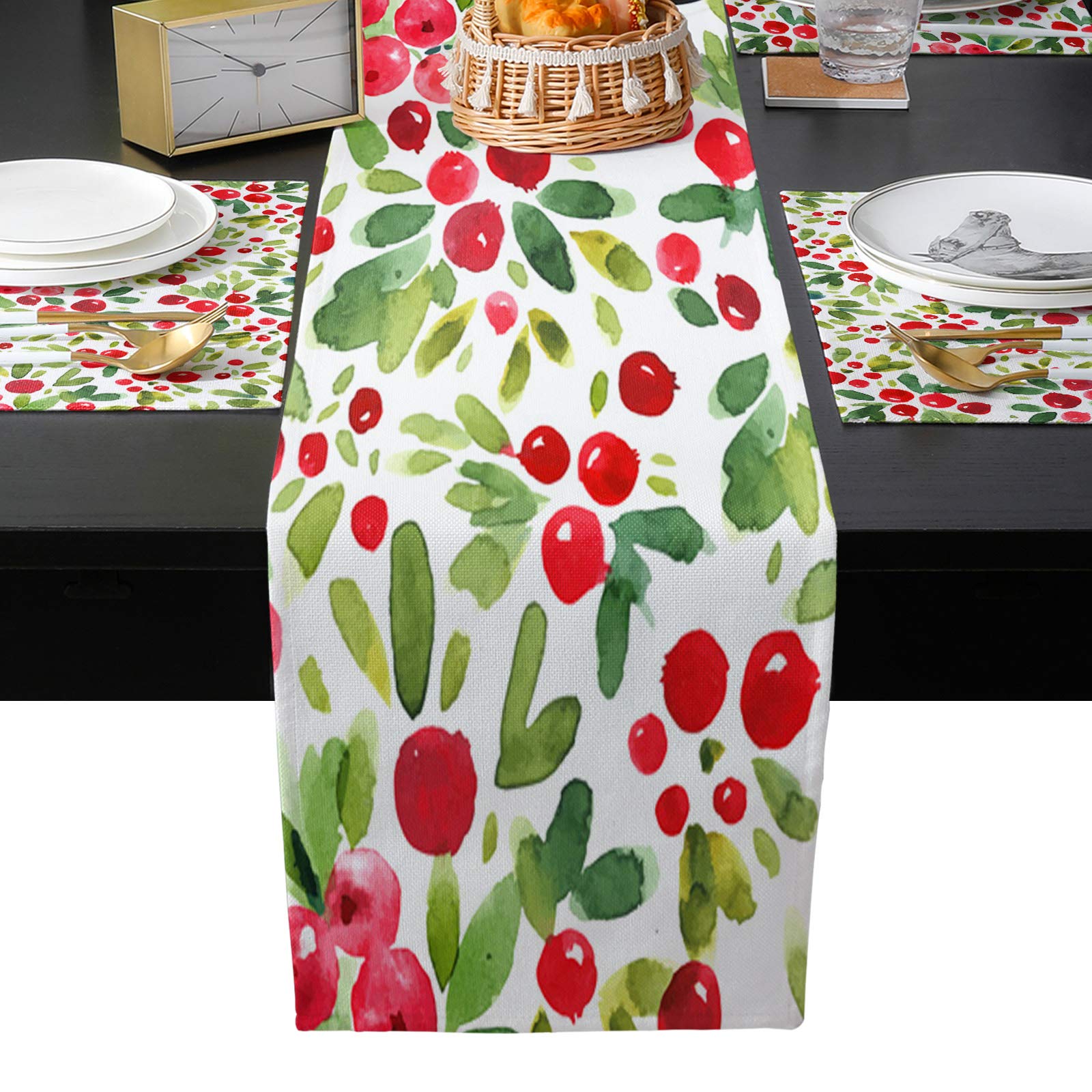 Tropical Cherry Watercolor Table Runner and Placemats Set of 6 - Heat-Resistant Kitchen Dining Table Decor for Farmhouse, Summer, and Everyday Use - Red and Green Fruit Design
