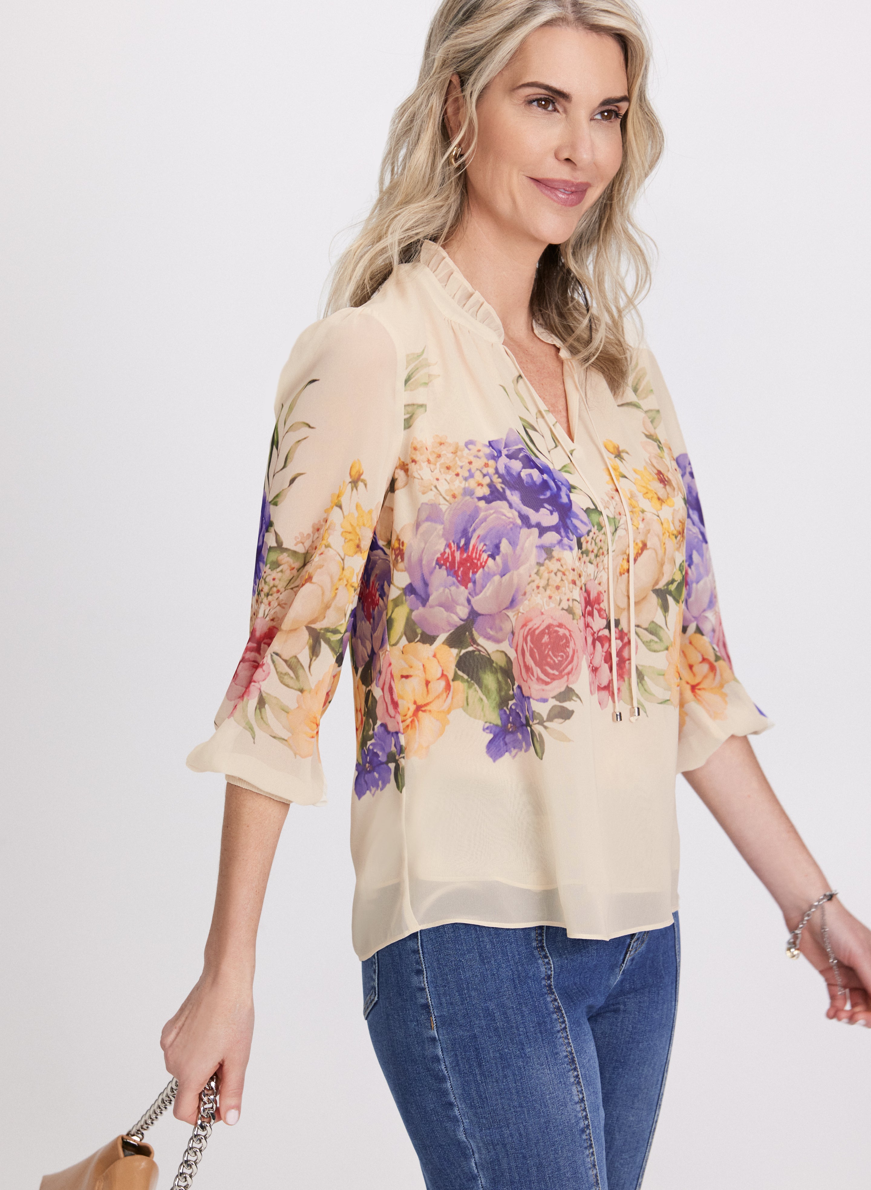 Floral Print Blouse for Women - Elegant Flowy Top with Placement Floral Design - Perfect for Spring, Summer, Office Wear & Casual Outings