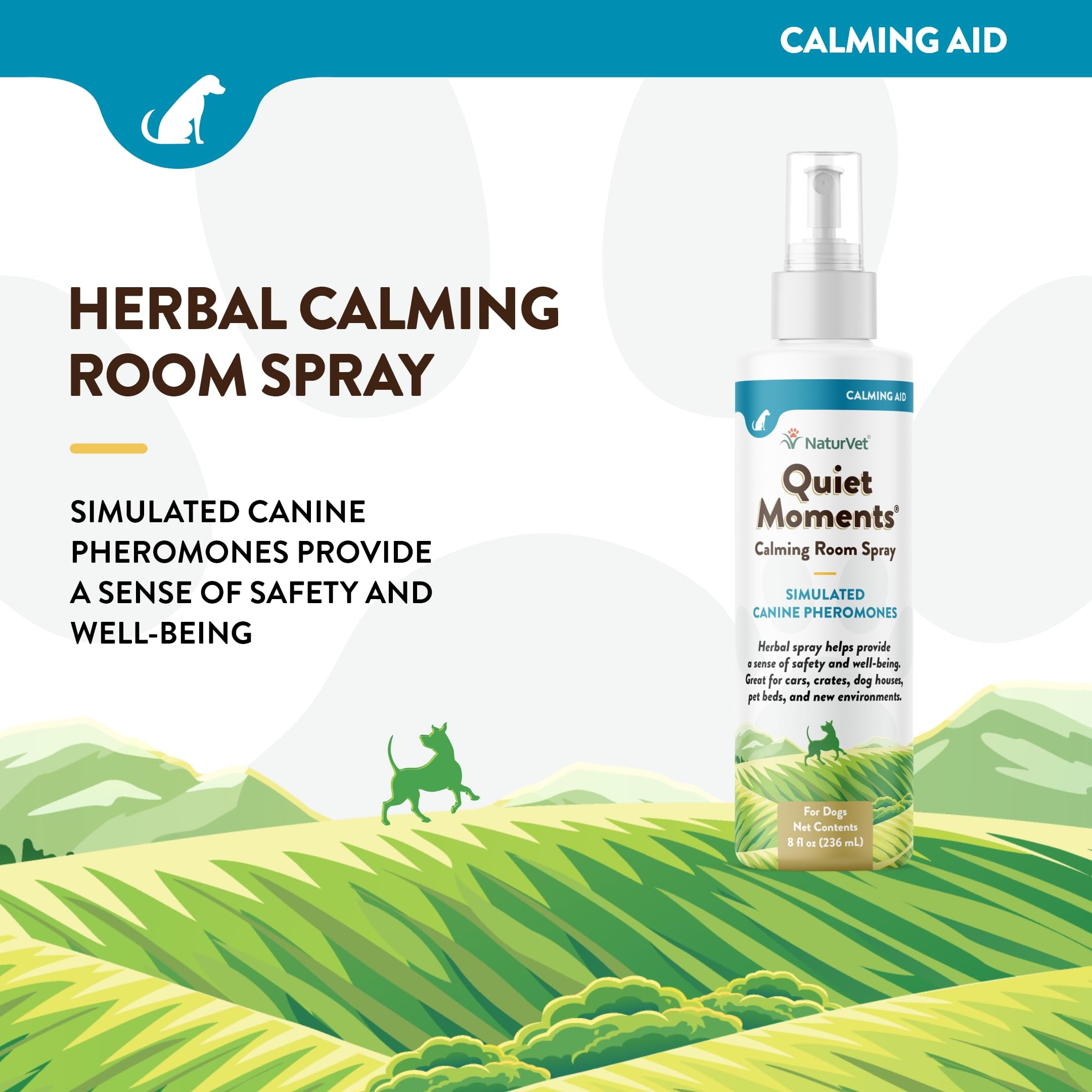 NaturVet Quiet Moments Herbal Calming Spray for Dogs – 8 Oz Stress & Anxiety Relief – Helps with Travel, Storms & New Environments – Perfect for Crates, Cars & Vet Visits – Natural Pet Calming Solution