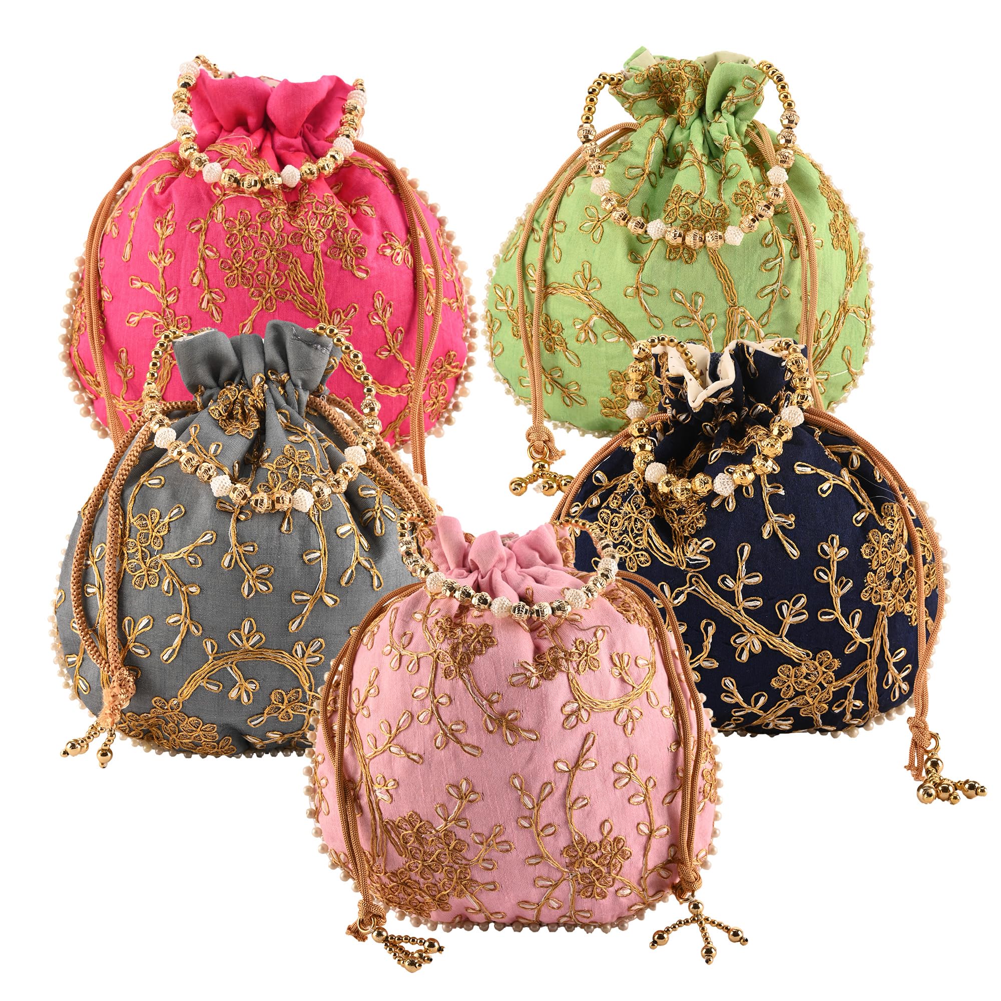 Kuber Industries Jute Potli Bags for Women - Embroidered Indian Traditional Handbags - 5 Pack Multicolor Drawstring Pouches for Wedding, Party & Gift Giving