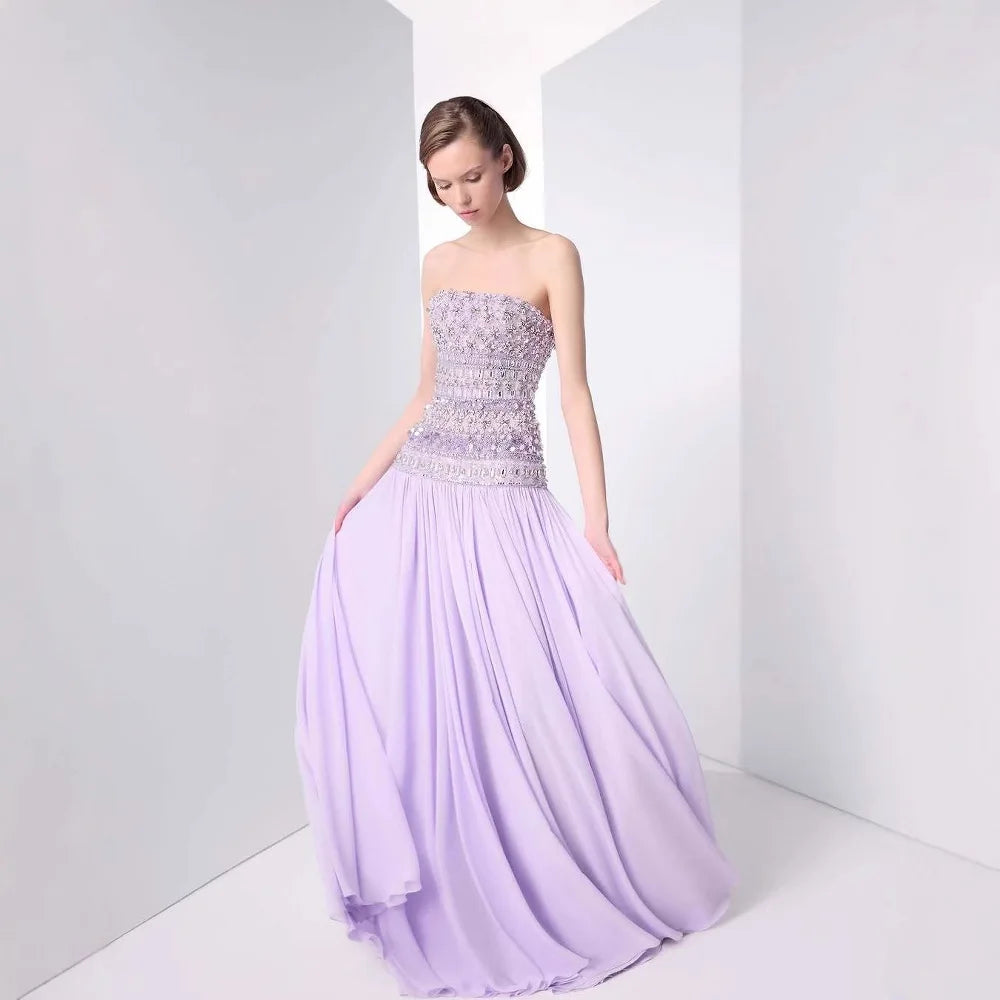 Elegant Lilac Strapless Beaded A-Line Arabic Evening Dress LA73044 for Prom, Wedding & Special Occasions
