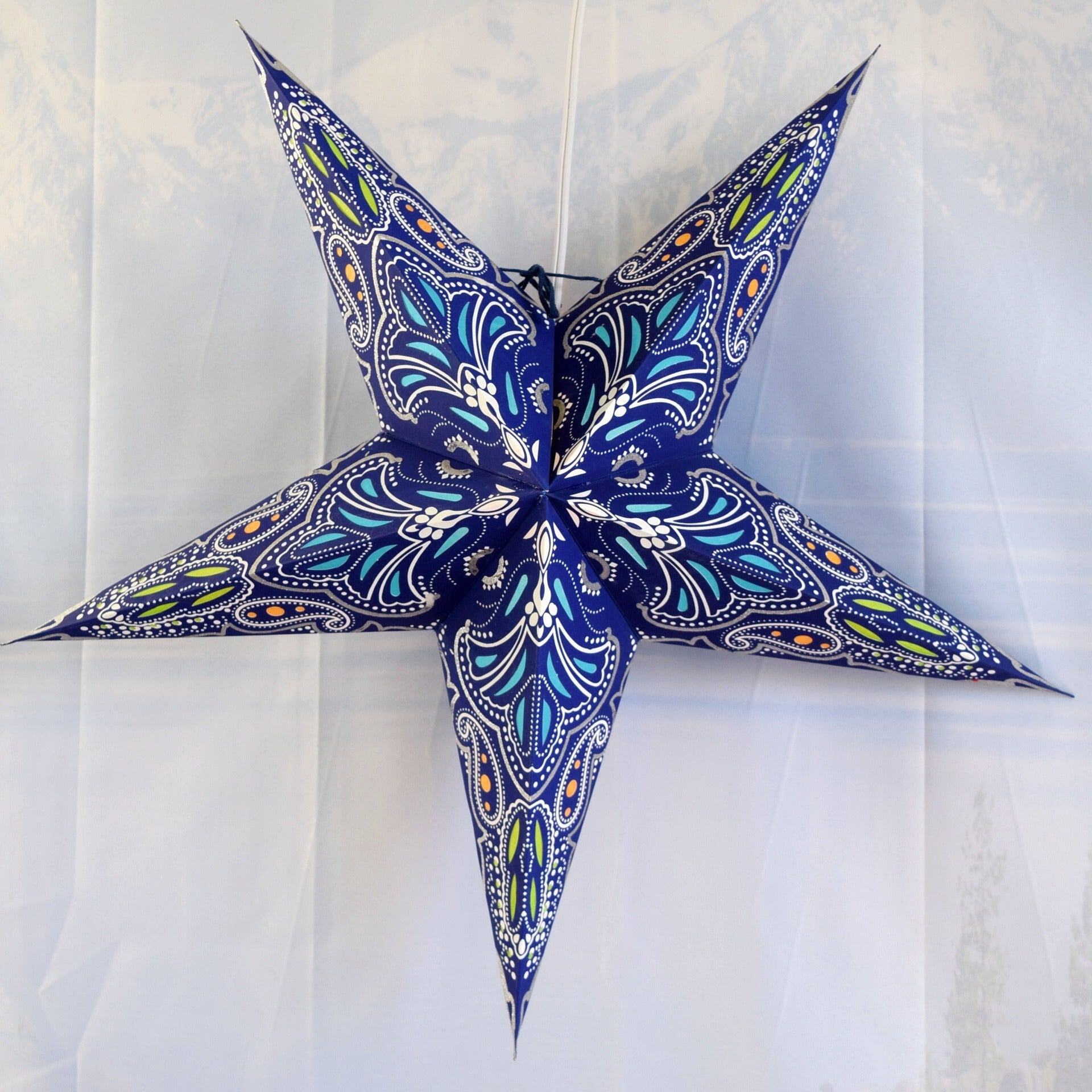 3 Pack 24 Inch Blue Aura Glow Glitter Paper Star Lantern with Triple Pendant Light - Party Decor, Wedding Centerpiece, Bedroom Lighting, Outdoor Patio Hanging Decorations