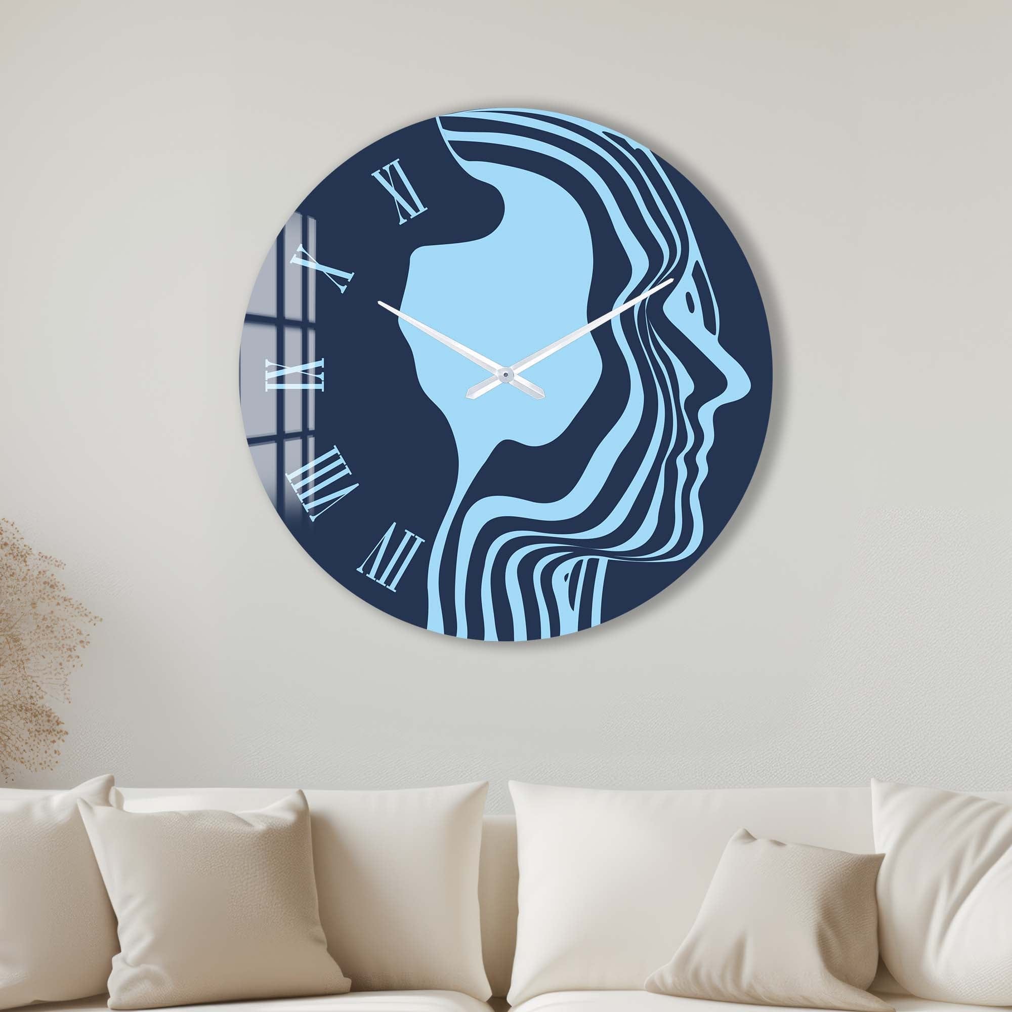 Blue Silhouette Glass Wall Clock - Modern Decorative Clock for Living Room, Bedroom & Office - Silent Non-Ticking Battery Operated