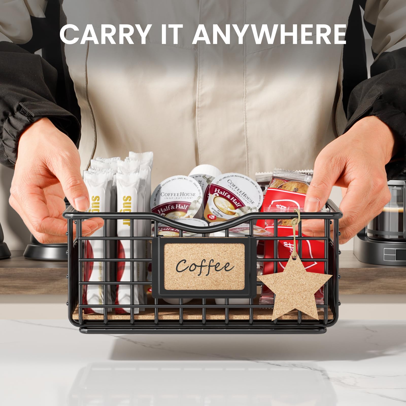 Premium Coffee Pod Holder for Keurig & Nespresso - Large Capacity Black Wire Storage Organizer with Cork Liner - Perfect for Coffee Bars, Kitchen Countertops & Office Break Rooms
