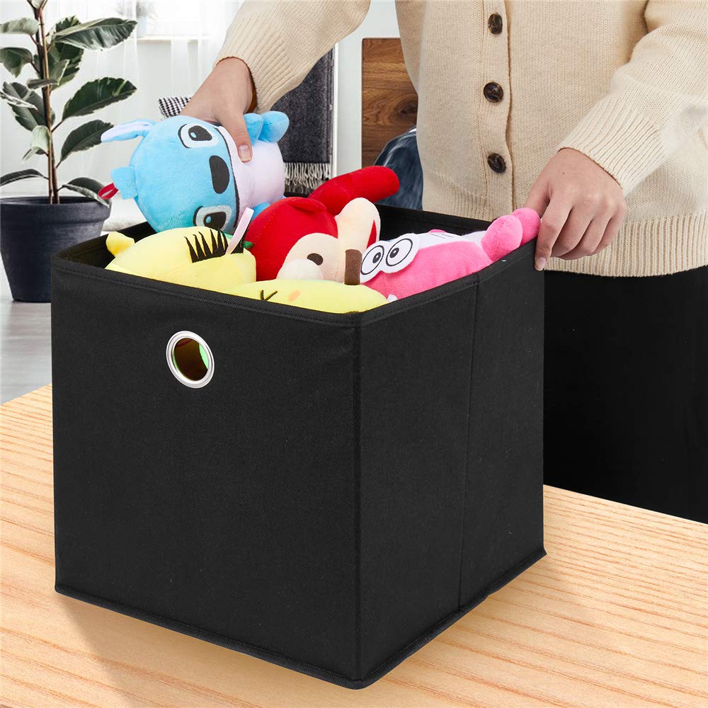 Black Fabric Storage Cubes 11x11x11 Inches - Foldable Cloth Bins with Grommets for Home Organization, Shelves & Drawers | Decorative Cube Inserts for Bedroom, Office & Closet Storage | QY-SC18-6