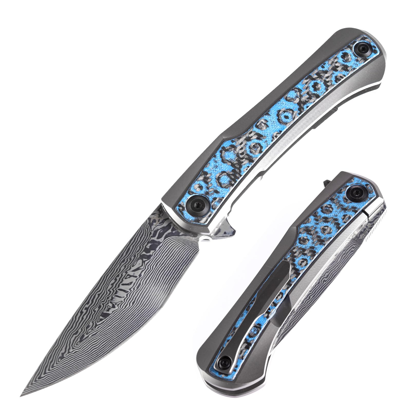 Kansept Kratos Damascus Folding Pocket Knife - 8.69in Titanium Handle with Blue Black Fat Carbon Fiber Inlays, 3.79in Clip Point Blade - EDC, Outdoor, Hunting, Camping, Survival Gear - Perfect for Everyday Carry, Bushcraft & Tactical Use