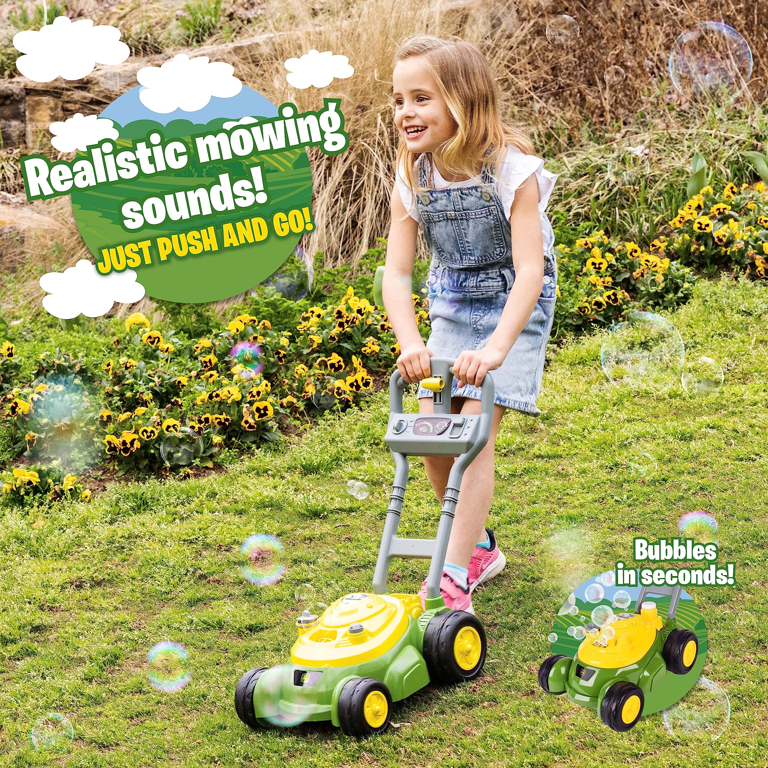 John Deere Bubble Lawn Mower Toy for Toddlers - Fun Bubble Blowing Machine for Kids Ages 2+ | No Batteries Needed | Perfect Outdoor & Indoor Play Toy for Boys & Girls | Great Birthday Gift & Party Favor for Preschoolers | Gardening Pretend Play for Backyard, Park & Playdates