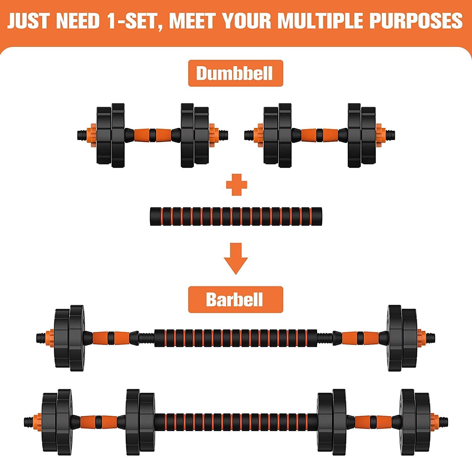 86 lbs BOSWELL 3-in-1 Adjustable Dumbbell & Barbell Set with Non-Slip Neoprene Grip - Home Gym Workout Equipment for Men & Women - Strength Training, Weight Lifting & Fitness Exercises for Home, Office or Garage Gym