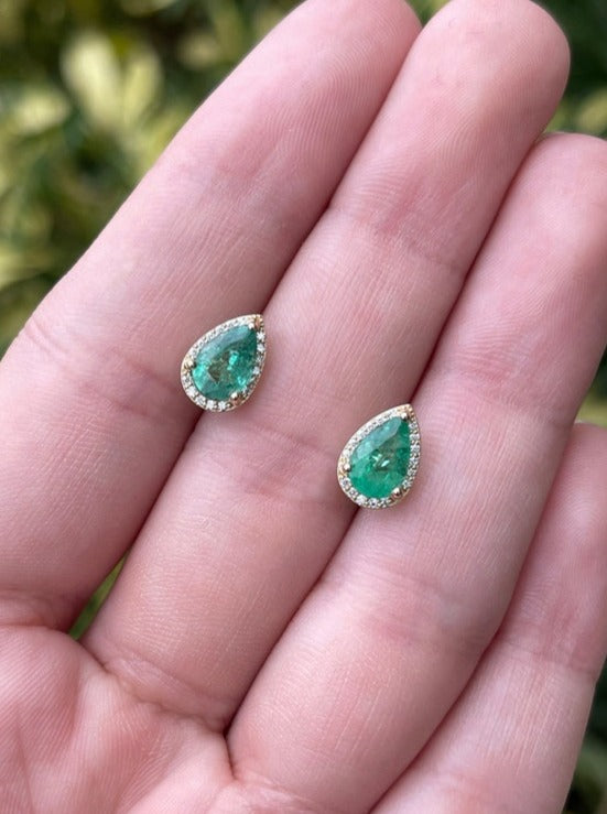 1.87tcw 14K Yellow Gold Teardrop Pear 10x7 Emerald & Diamond Pave Halo Earrings for Women - Elegant Dangle Drop Earrings for Wedding, Party & Evening Wear