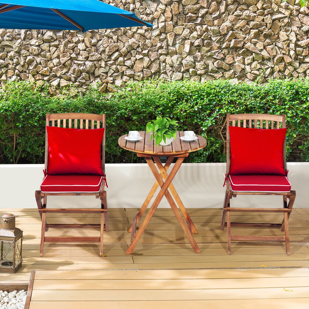 Tangkula 3-Piece Patio Folding Bistro Set - Acacia Wood Outdoor Dining Chairs with Padded Cushions & Round Coffee Table - Perfect for Garden, Poolside, Balcony, and Indoor Use (Red)