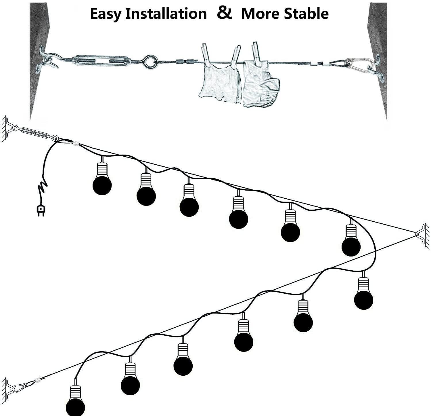 Outdoor String Light Hanging Kit - 82ft Vinyl-Coated 304 Stainless Steel Wire Rope with Turnbuckle & Hooks for Patio, Garden, and Backyard Lighting Decor