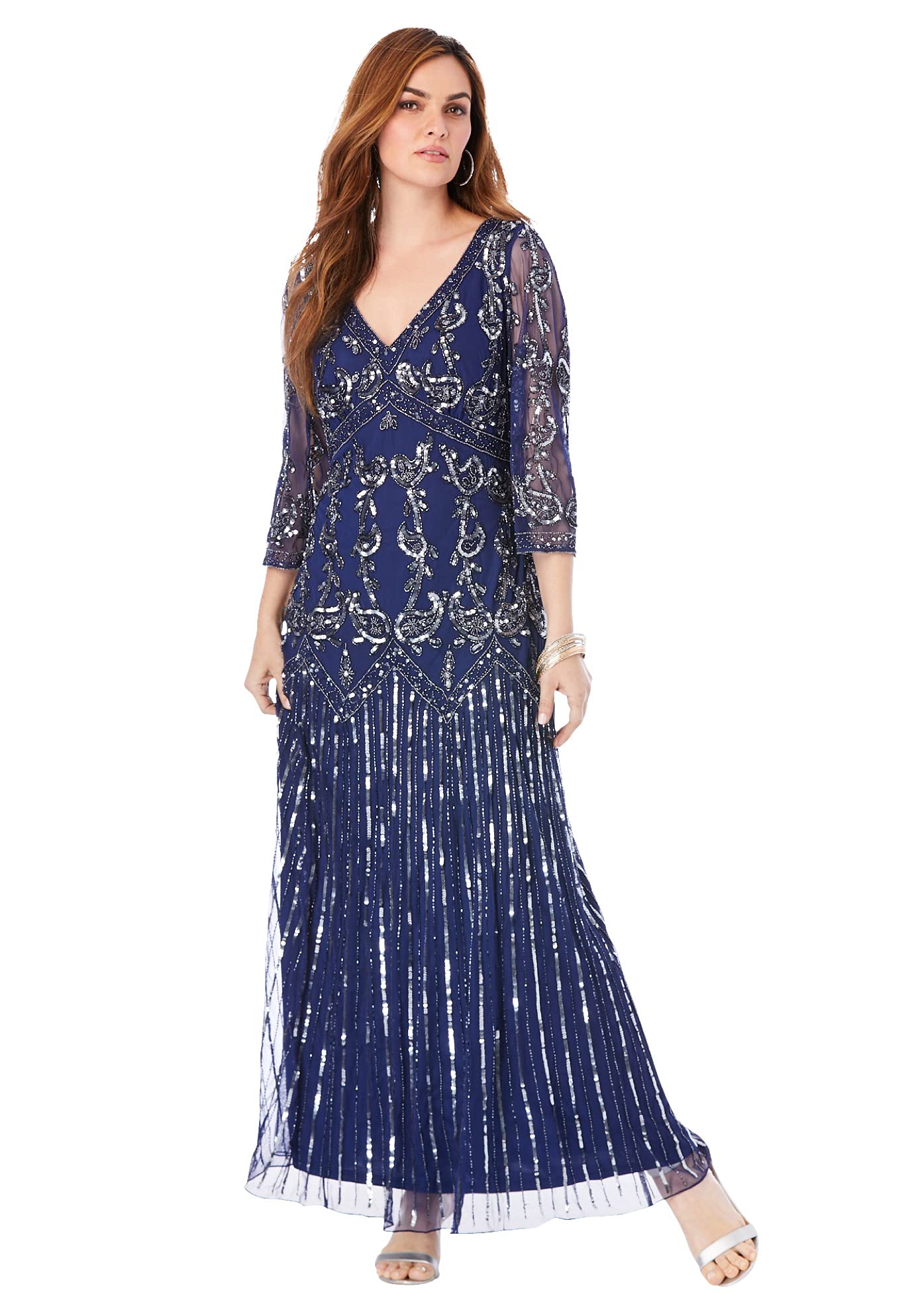 Romantic Plus Size Beaded V-Neck Evening Gown for Women - Elegant Formal Dress for Weddings, Prom & Special Occasions