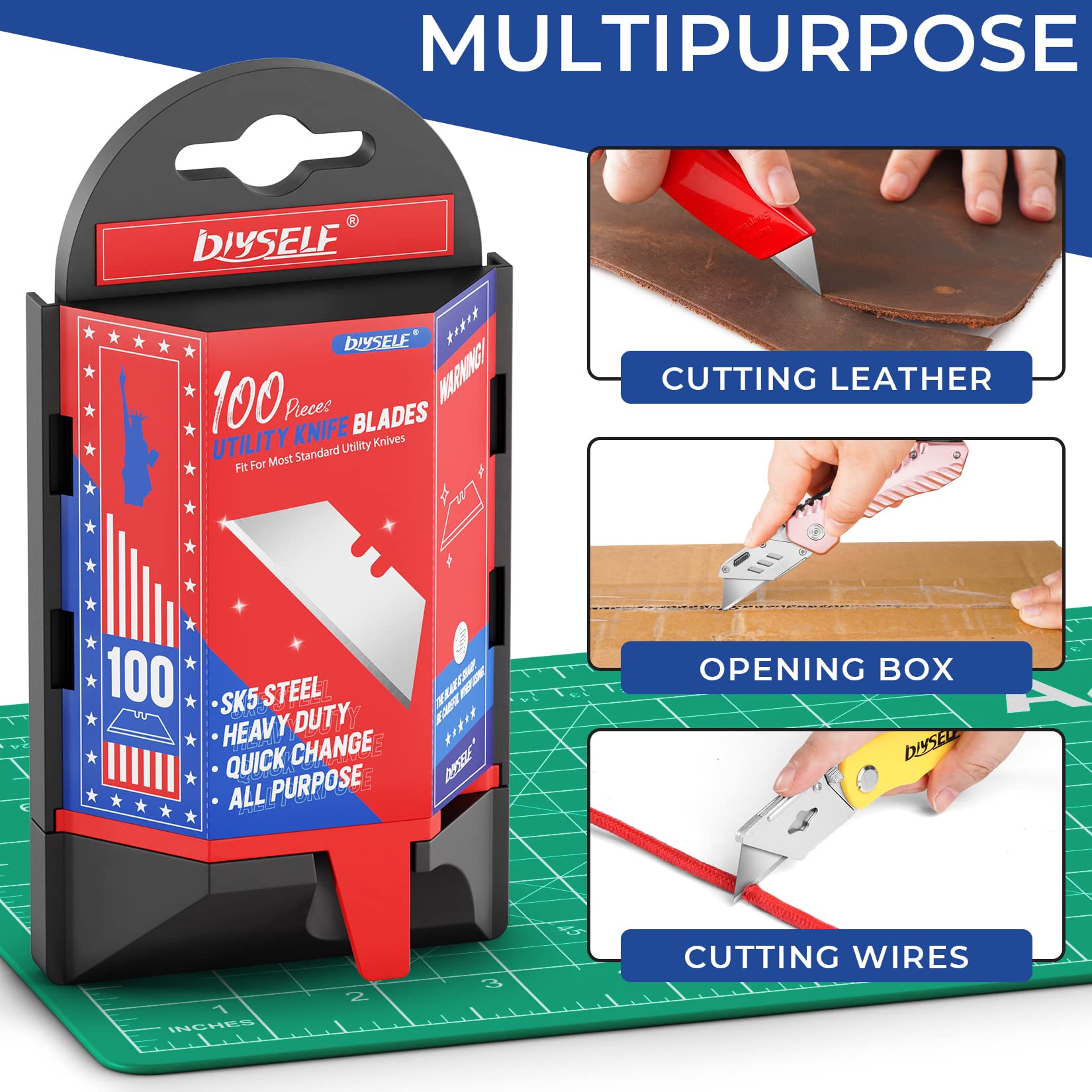 DIYSELF 2-Pack Retractable Utility Knife Box Cutter with 100-Pack Replacement Blades - Heavy Duty Cutting Tool for Shipping Packages, Cardboard, Carpentry & DIY Projects