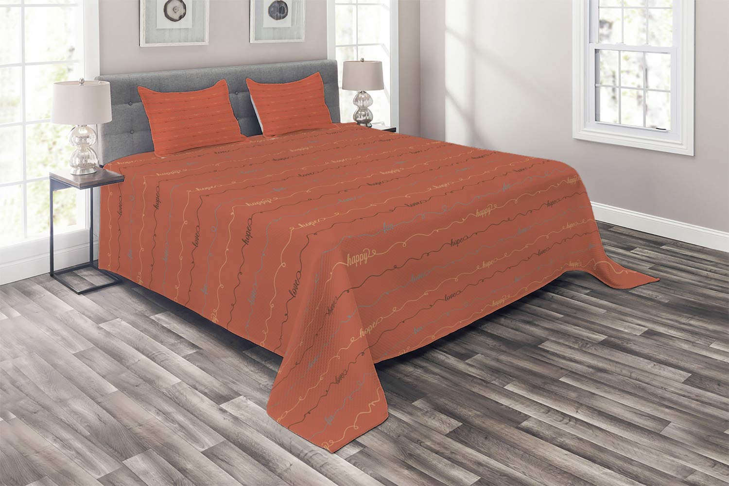 Ambesonne 3-Piece King Size Quilted Bedspread Set with 2 Pillow Shams - Dark Coral & Brown Inspirational 'Hope Love Happy' Lettering Design | Elegant Bedroom Decor for Master Suite or Guest Room