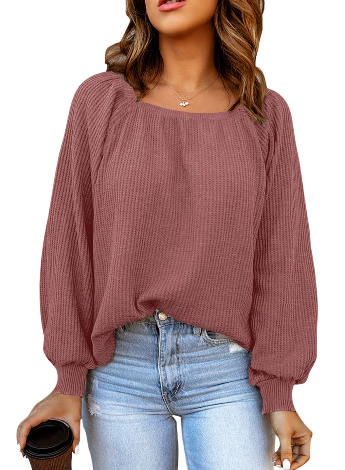 Stylish Women's Square Neck Waffle Knit Long Sleeve Pullover Blouse - Casual Lantern Sleeve Shirt for Fall & Winter, Office Wear, Date Night Outfits