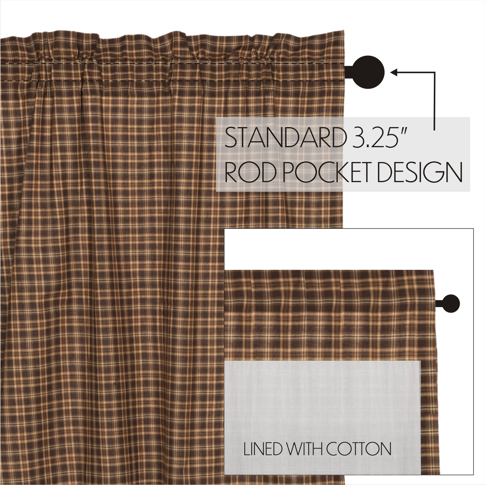 VHC Brands Prescott Rustic 24x36 Inch Brown Plaid Cotton Rod Pocket Kitchen Window Curtains Pair - Farmhouse Style for Living Room, Bedroom & Dining Room Decor