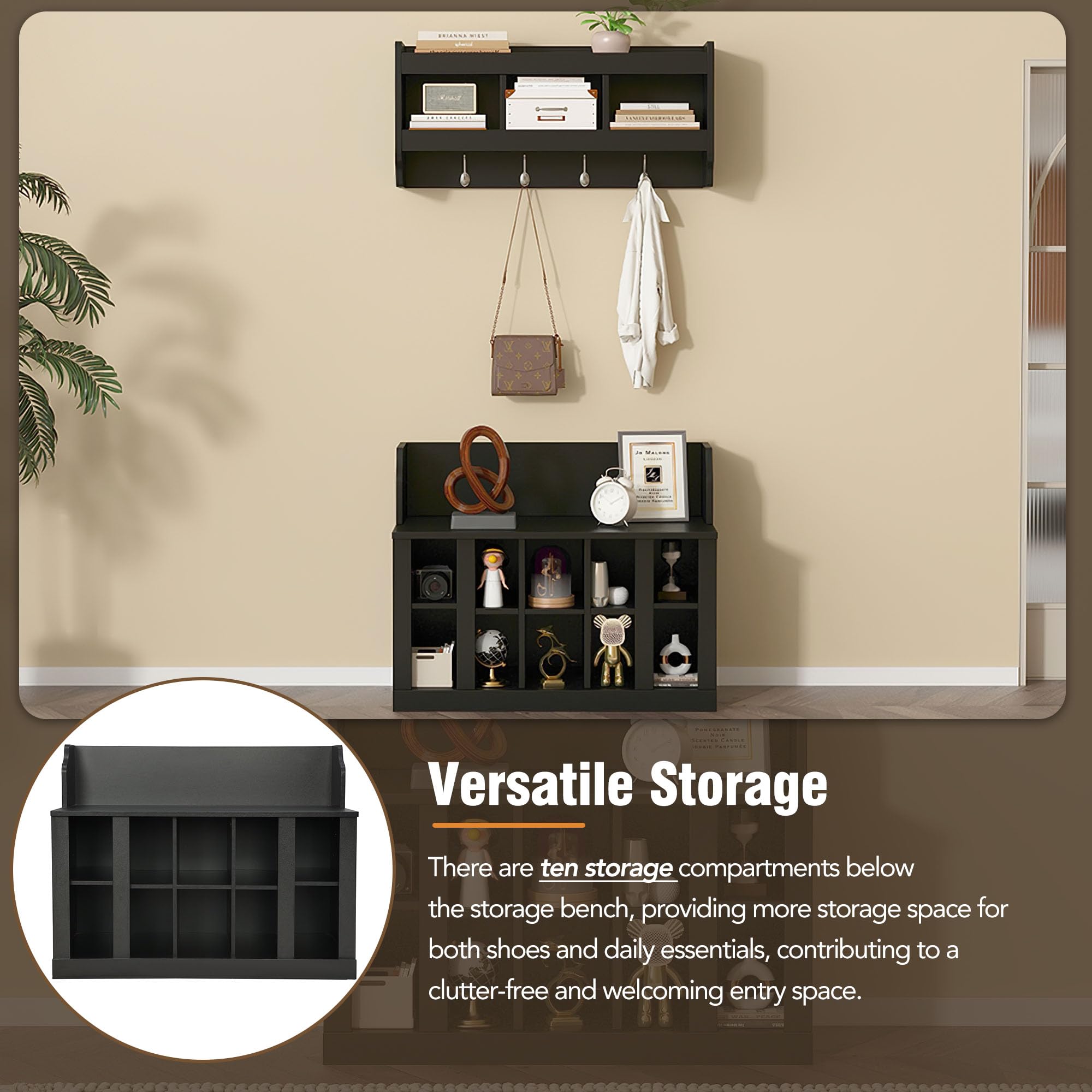 Modern Hall Tree Entryway Organizer - Coat Rack Shoe Storage Bench with Shelves & 4 Hooks, Wall Mounted Mudroom Furniture for Coats, Shoes & Accessories - Perfect for Entryways, Hallways & Small Spaces (Black)