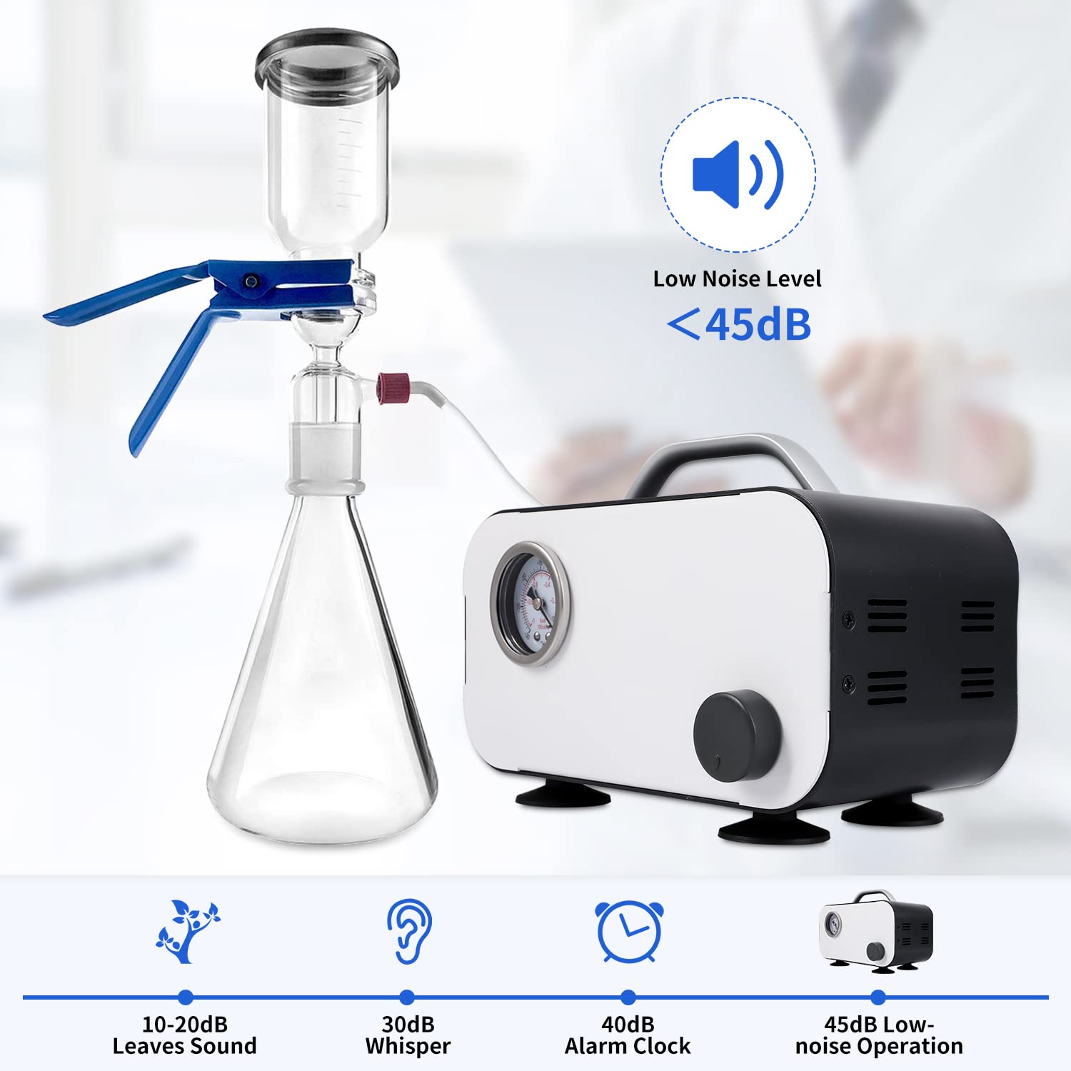 Oil-Free Diaphragm Vacuum Pump for Laboratory Use - 0-15L/min Adjustable Flow Rate, Portable Small Lab Vacuum Filtration System with Rubber Tubing (110V-220V) - Ideal for Chemistry Experiments, Medical Research & Scientific Applications